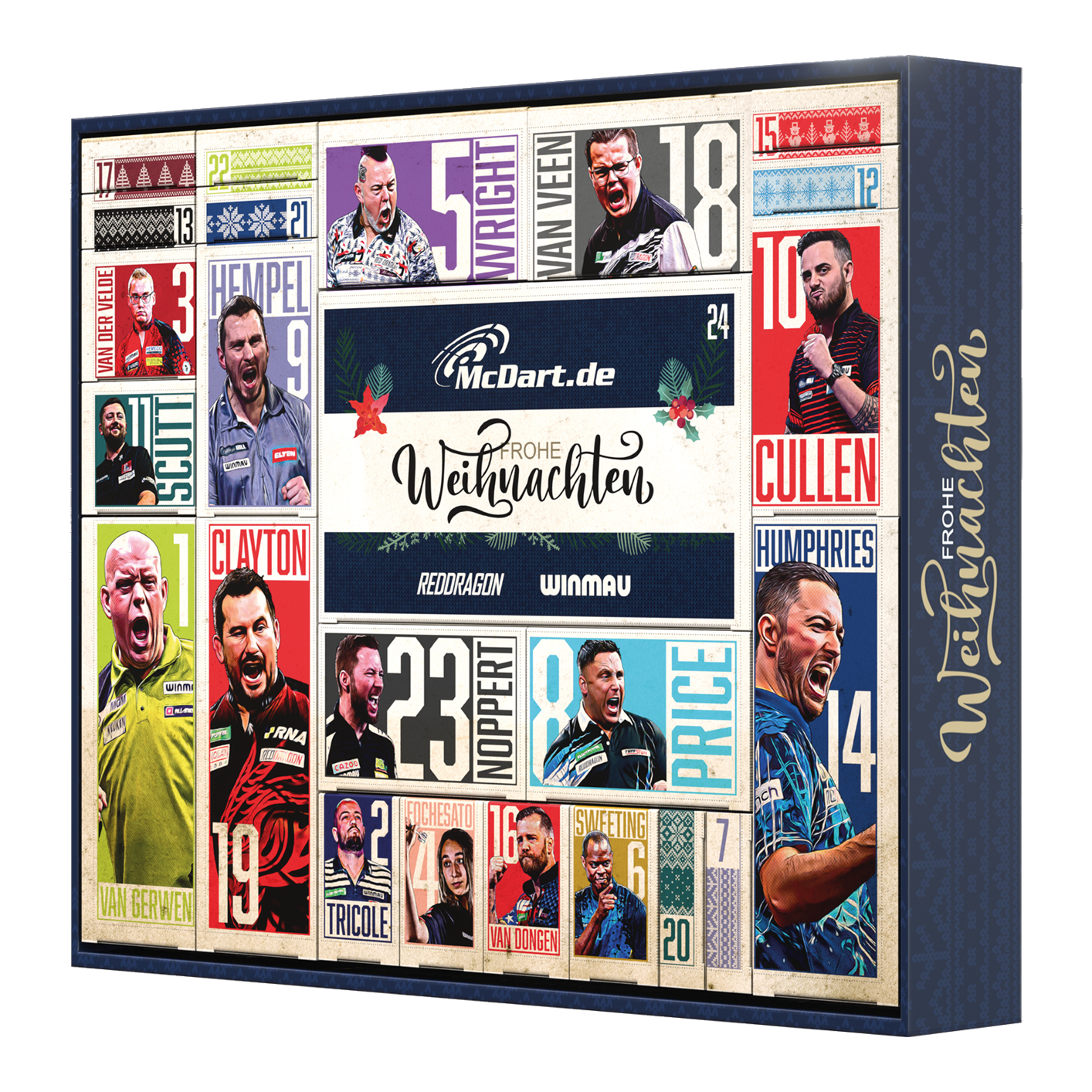 Das Bild stellt den McDart Darts Adventskalender 2025 dar. Der Kalender ist für Liebhaber des Dartsports gedacht.