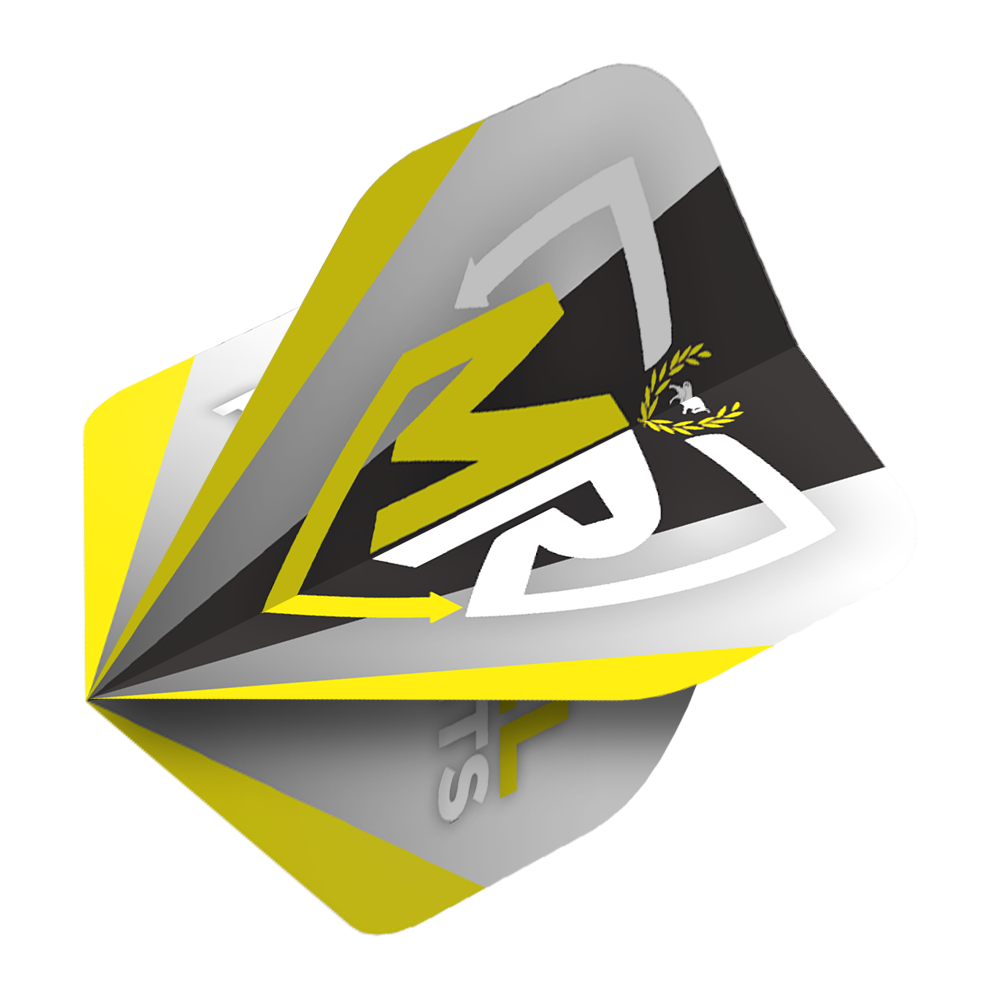 BU50859_Bulls_Powerflite_Rasto_Logo_No2_Standard_Flights_2 Das Bild zeigt ein Dart-Flight mit dem Rasto Logo in gelb, schwarz, weiß und grau. Es handelt sich um das Produkt "Bulls Powerflite Rasto Logo No2 Standard Flights".