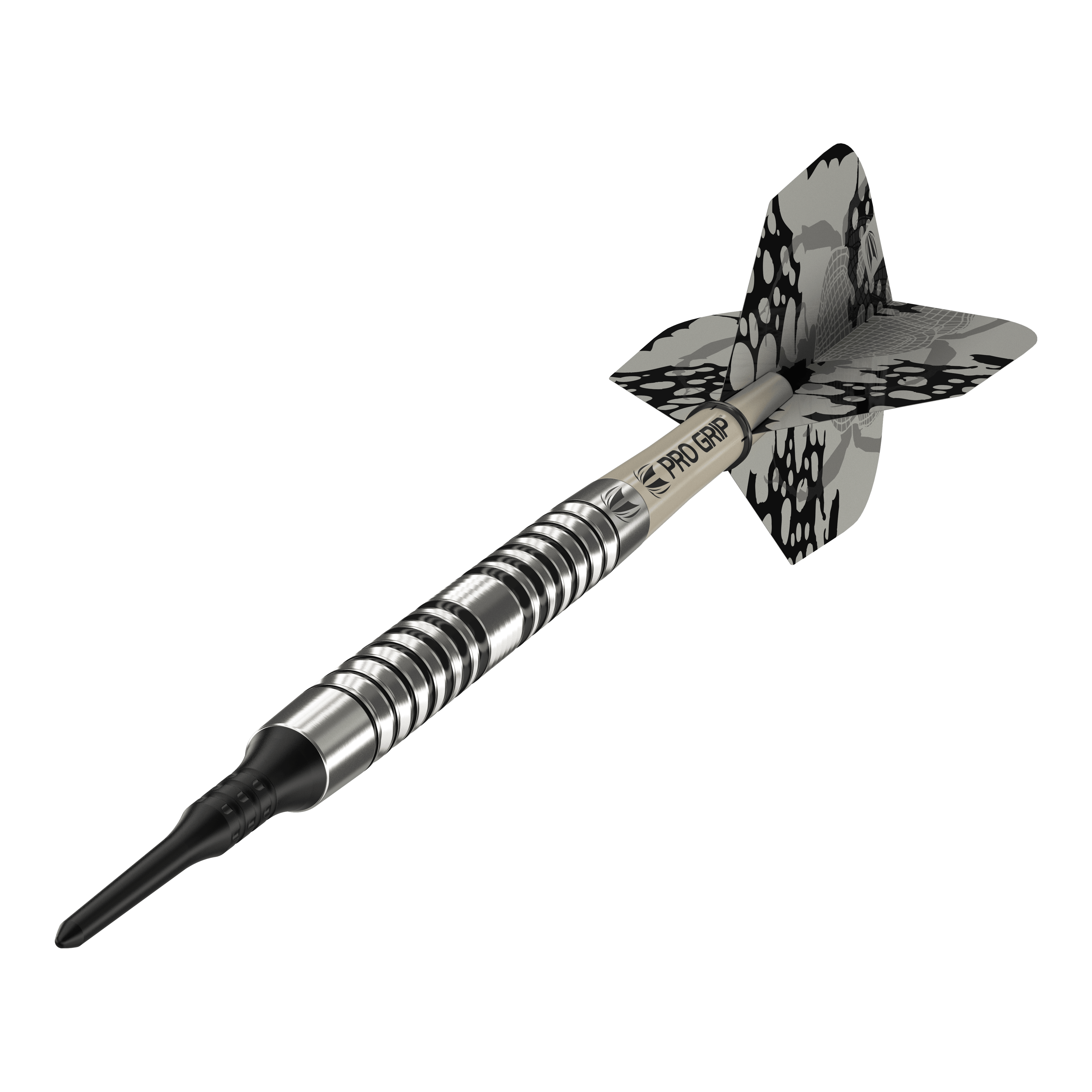 Target EXO 10 miękkich rzutek Das Bild zeigt einen Target EXO 10 Softdart. Der Dartpfeil hat ein silbernes, gerieftes Barrel und schwarz-graue Flights mit Muster.