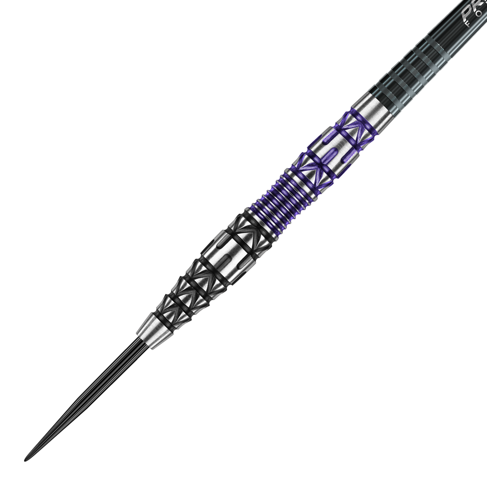 Lotki stalowe Winmau Simon Whitlock Special Edition 2020 Das Bild zeigt einen Winmau Simon Whitlock Special Edition 2020 Steeldart. Der Dart hat ein auffälliges Design mit schwarzen, silbernen und violetten Elementen am Griff.