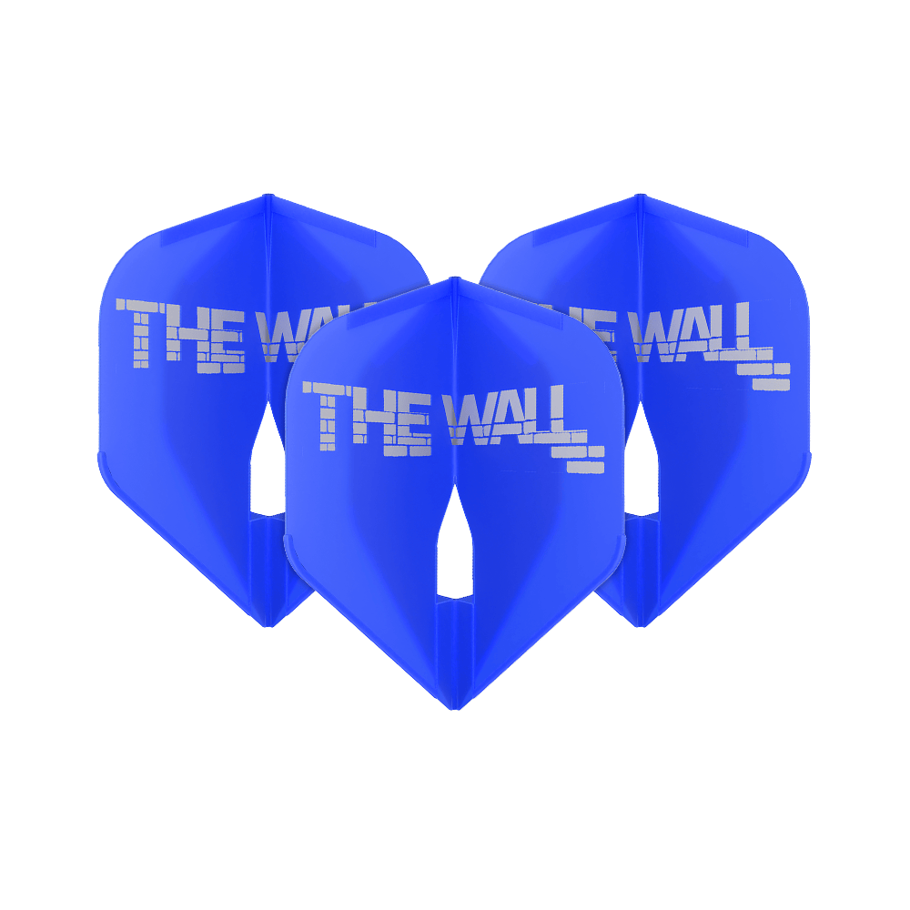 Loty Martin Schindler Blue L1PRO w stylu L Das Bild zeigt drei blaue Dartflights mit der Aufschrift "THE WALL". Es handelt sich um das Produkt 'L-Style Martin Schindler Blau L1PRO Flights'.