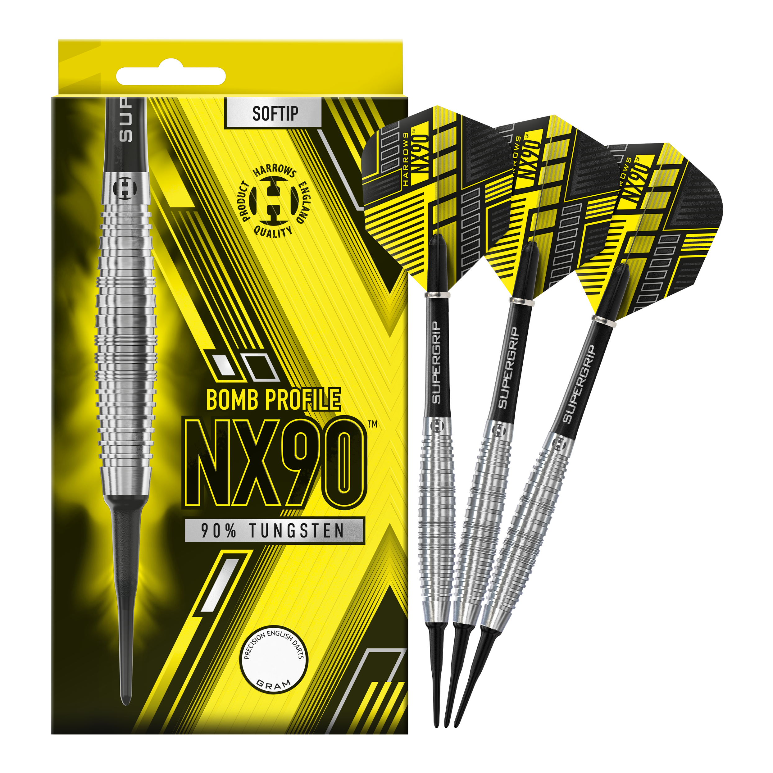 Harrows NX90 Bomb Soft Darts Das Bild zeigt eine Packung Harrows NX90 Bomb Softdarts mit auffälligem gelb-schwarzem Design. Neben der Verpackung sind drei Softdarts mit silbernen Griffen und schwarzen Flights zu sehen.