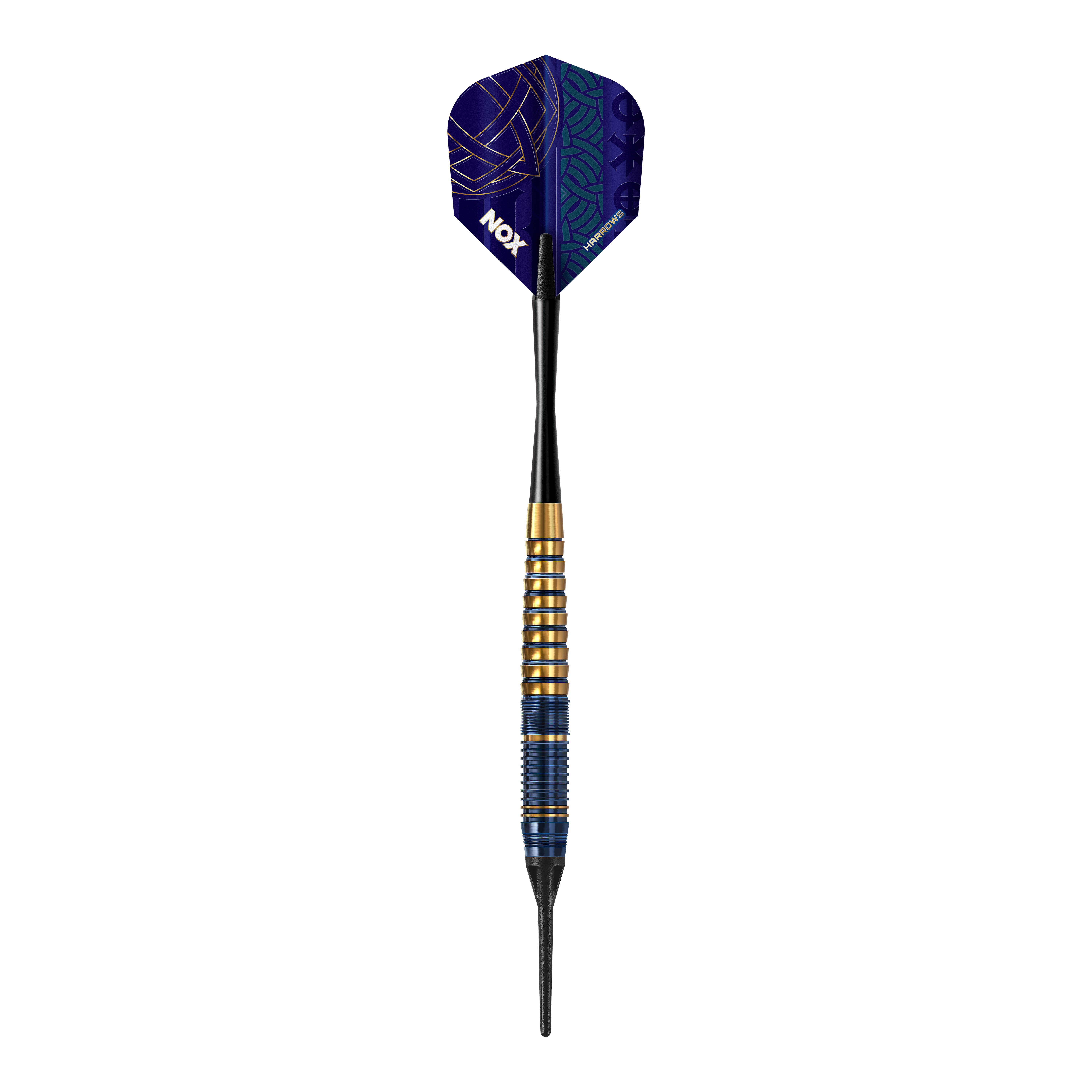 Harrows Nox Premium Brass Softdarts. Gezeigt wird ein Softdart-Set aus der Nox Premium Brass Serie von Harrows.