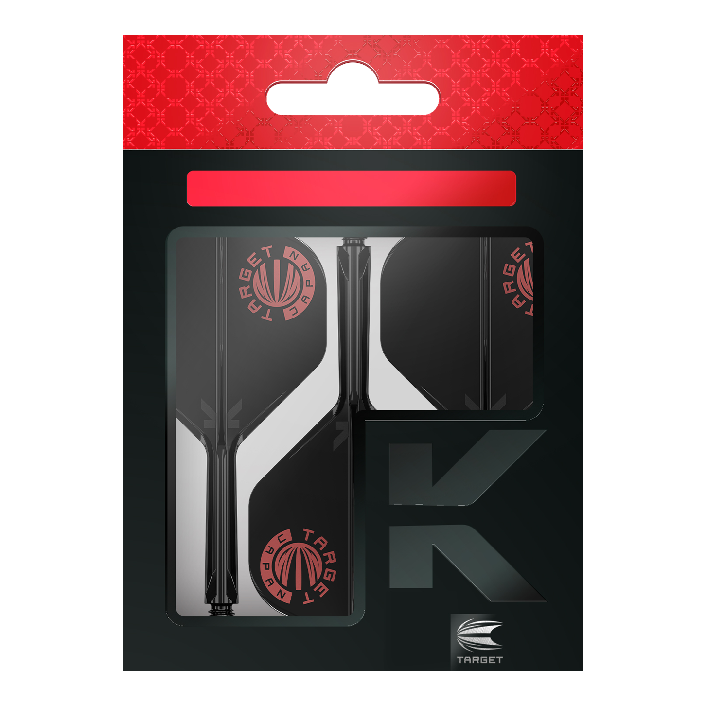 Die Verpackung zeigt das Produkt "Target Japan K-Flex Original Logo Red Black No2 Flight-Shaft-System". In der Packung sind schwarze und weiße Flights mit rotem Target-Logo sichtbar.