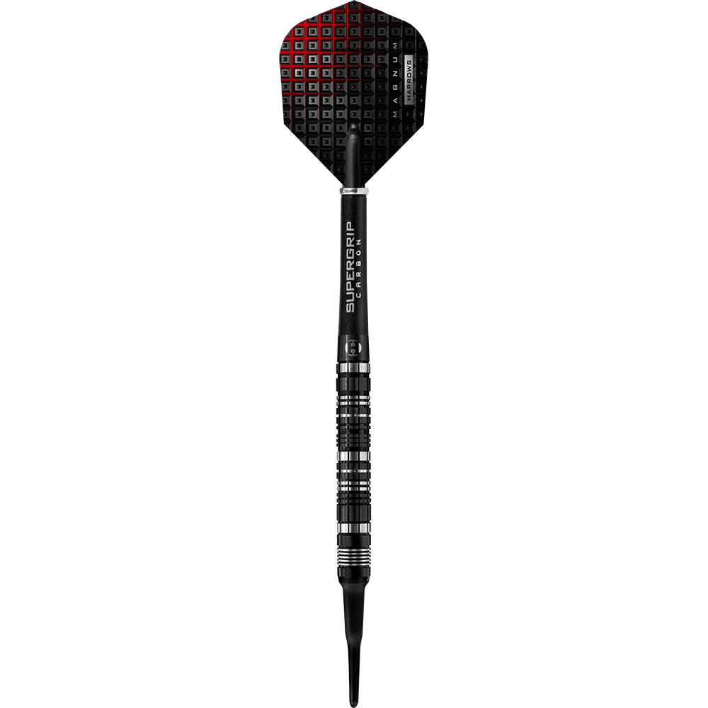 HA29471_Harrows_Magnum_Reloaded_Softdarts_1RIpEbjOlTzsya Auf dem Bild ist ein Harrows Magnum Reloaded Softdart zu sehen. Der Dartpfeil hat ein schwarzes Design mit silbernen Akzenten und einer strukturierten Flights.