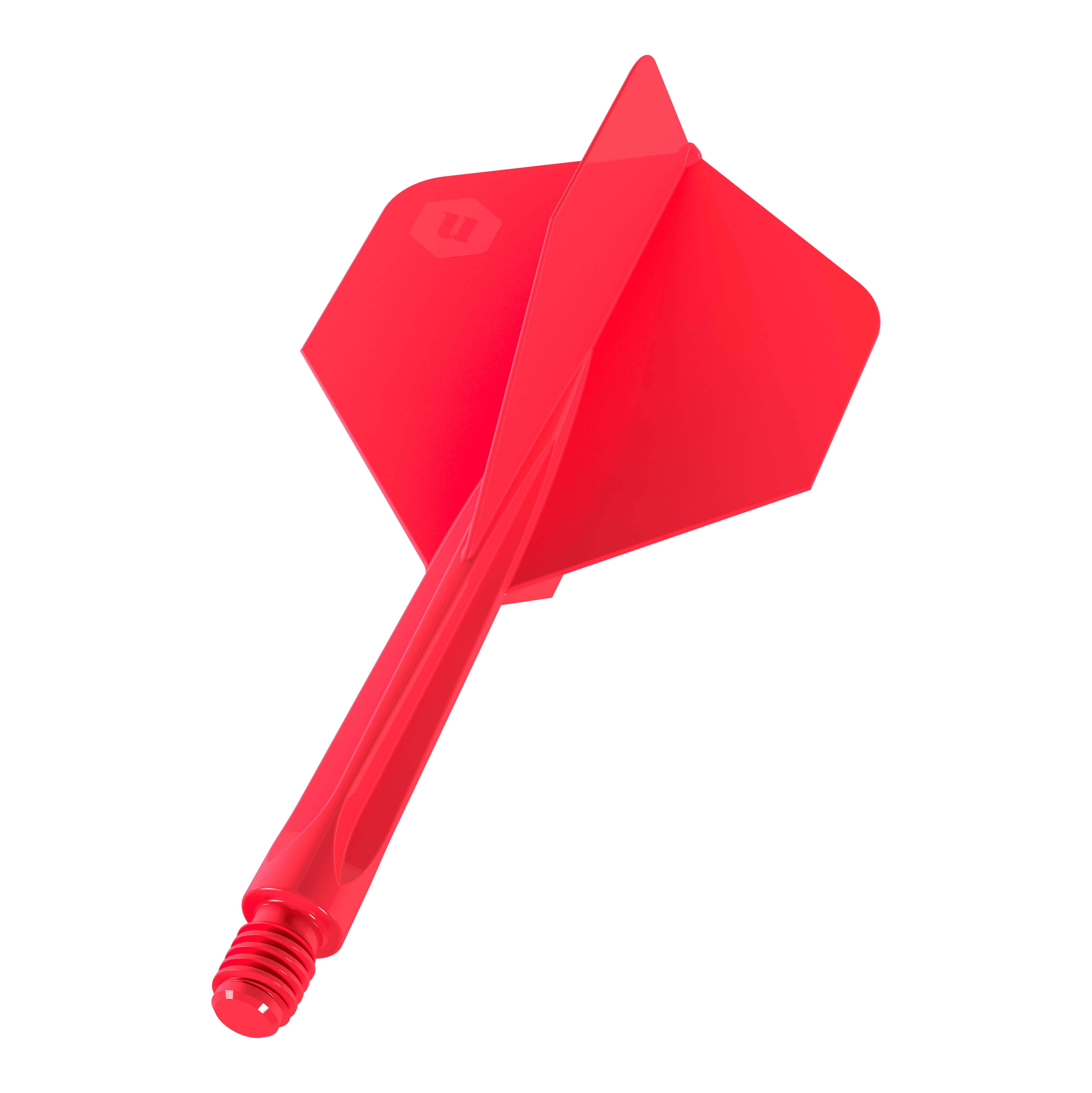 Unicorn Forge All In One Plus No2 Standard Flights Red - Medium Das Bild zeigt einen roten Dartflügel mit Schaft der Marke "Unicorn Forge All In One Plus No2 Standard Flights Rot - Medium". Er besteht aus einem Stück und ist für den Einsatz in Dartpfeilen gedacht.