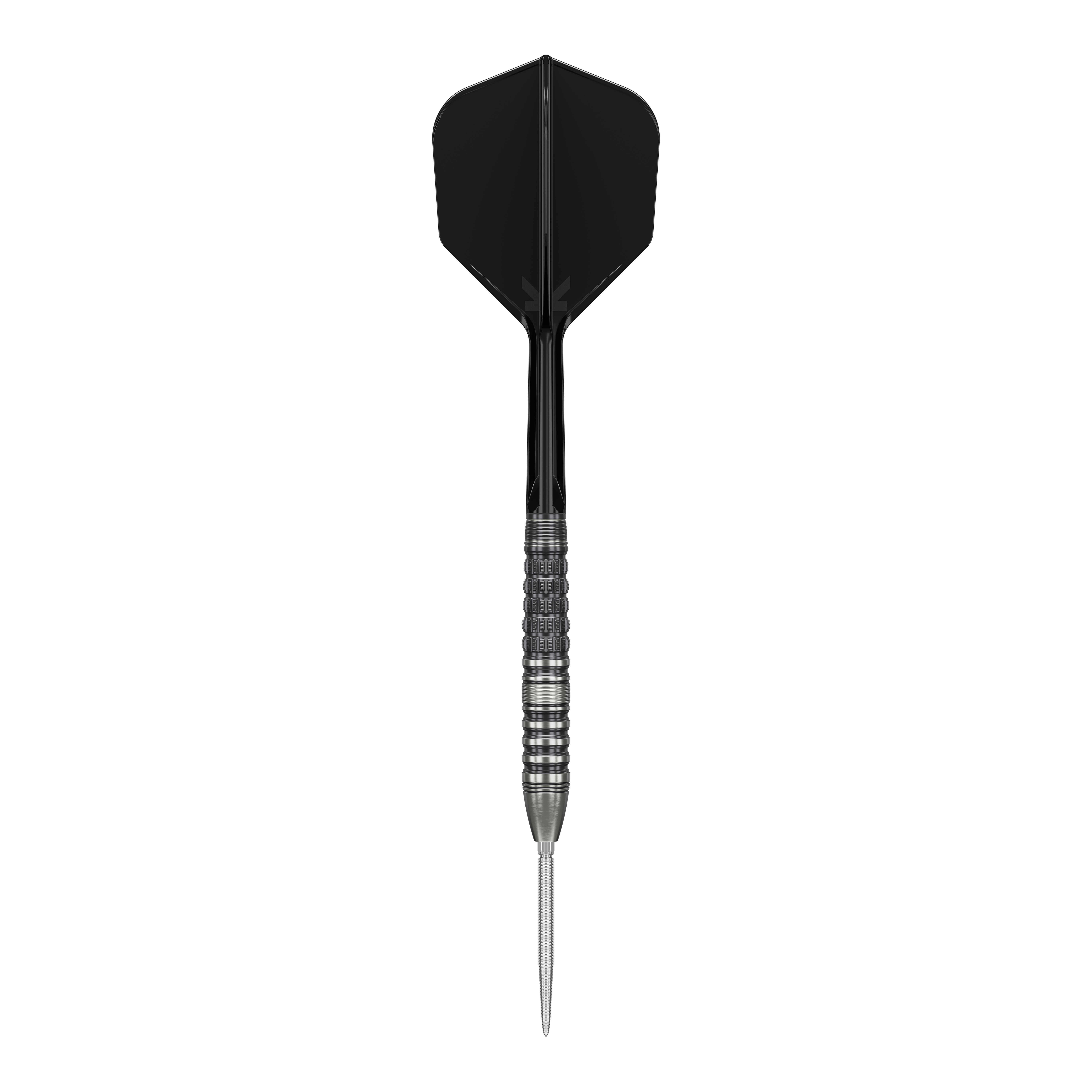 Das Bild zeigt einen Target Japan Black Marque Lumiere GEN3 Steeldart. Der Dartpfeil hat eine schwarze Flights und einen silbernen, geriffelten Barrel.