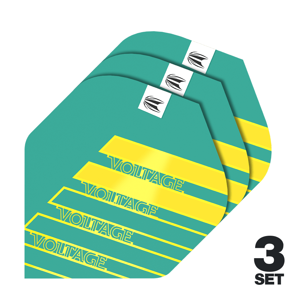 Lotki Target Pro Ultra Rob Cross Aqua No2 Standard - 3 zestawy Das Bild zeigt drei Sets der Target Pro Ultra Rob Cross Aqua No2 Standard Flights. Die Flights sind türkis mit gelben Streifen und dem Schriftzug "VOLTAGE".