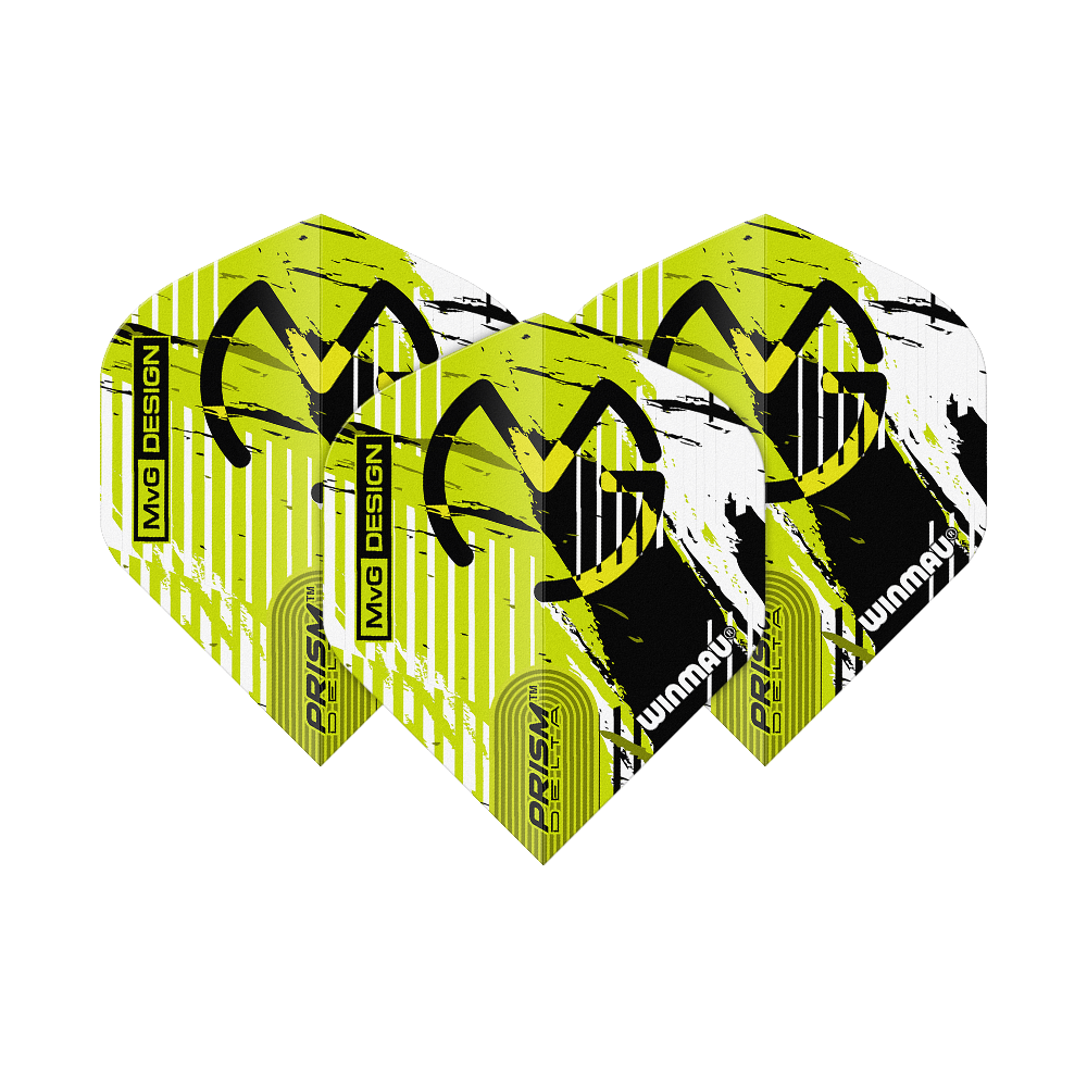 Winmau Delta Michael Van Gerwen Prism 03 Loty standardowe Das Bild zeigt drei Dartflights des Modells "Winmau Delta Michael Van Gerwen Prism 03 Standard". Die Flights sind gelb-schwarz-weiß gestaltet und tragen das MVG-Logo sowie die Aufschrift "PRISM DELTA" und "WINMAU".