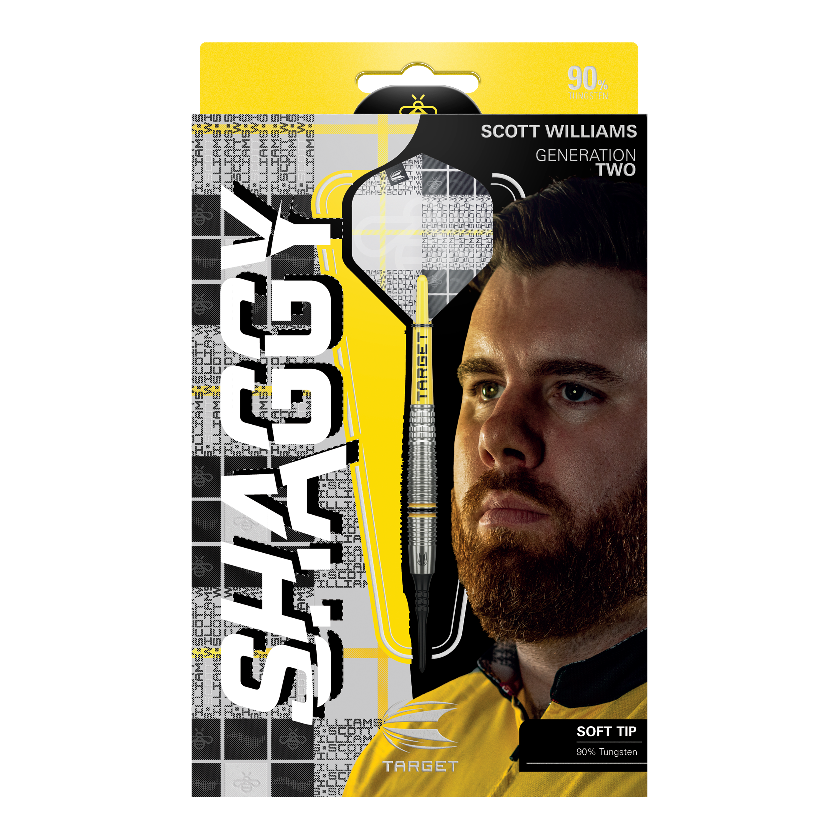 Lotki miękkie Target Scott Williams GEN2 - 18g Das Bild zeigt die Verpackung der "Target Scott Williams GEN2 Softdarts - 18g". Auf der Vorderseite sind ein Dartpfeil, das Gesicht von Scott Williams und der Schriftzug "SHAGGY" prominent zu sehen.