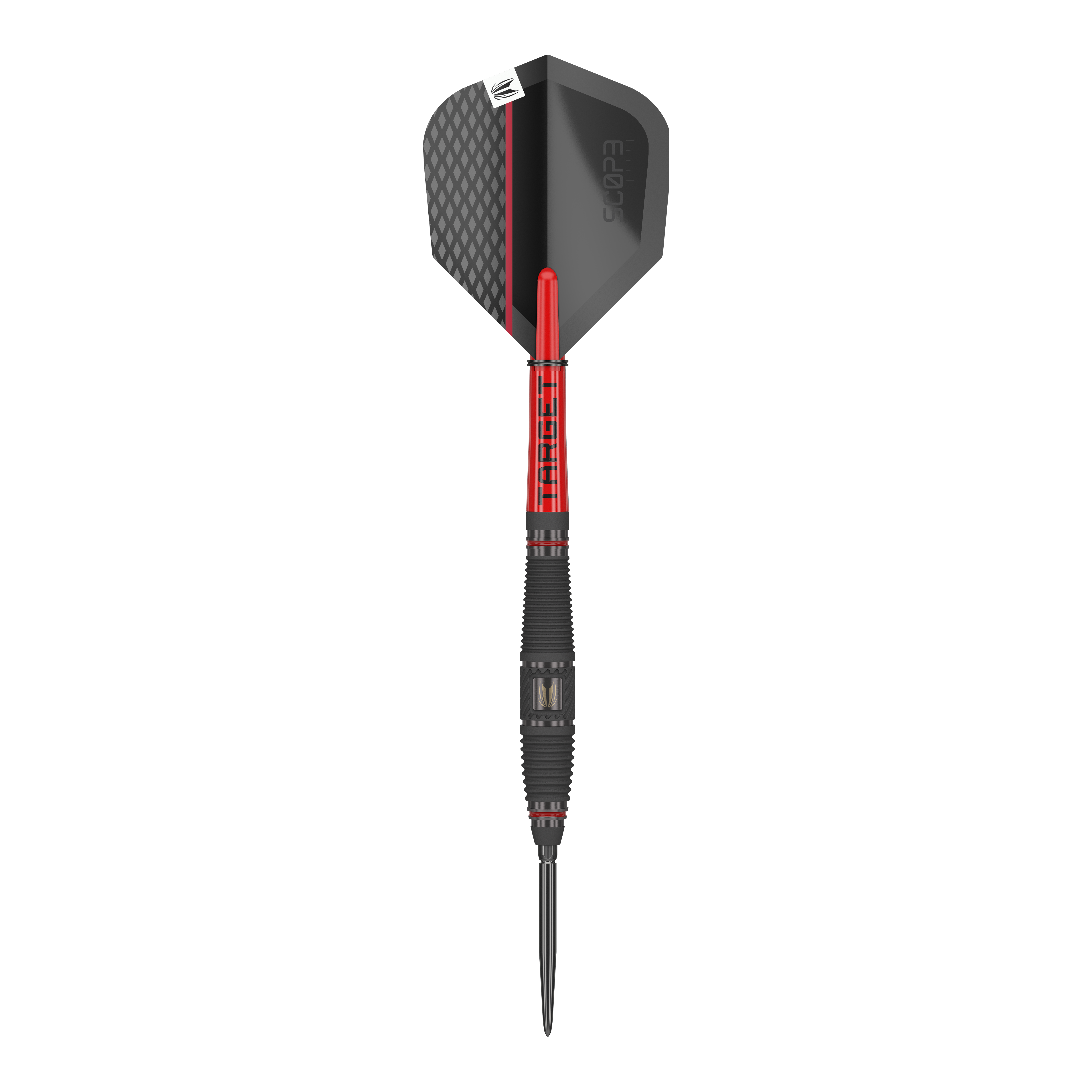 Stalowe lotki Target Scope 03 Swiss Point Das Bild zeigt einen Target Scope 03 Swiss Point Steeldart. Der Dart hat ein modernes Design mit schwarzen und roten Elementen sowie einer strukturierten Griffzone.