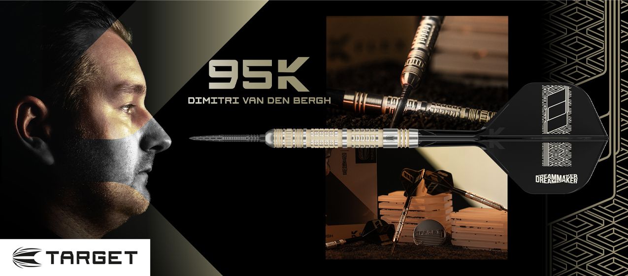 Das Bild zeigt das Produkt mit dem Namen '2025-09_LP_Target_VanDenBergh_95K'. Es handelt sich vermutlich um Dartzubehör oder ein spezielles Darts-Set.