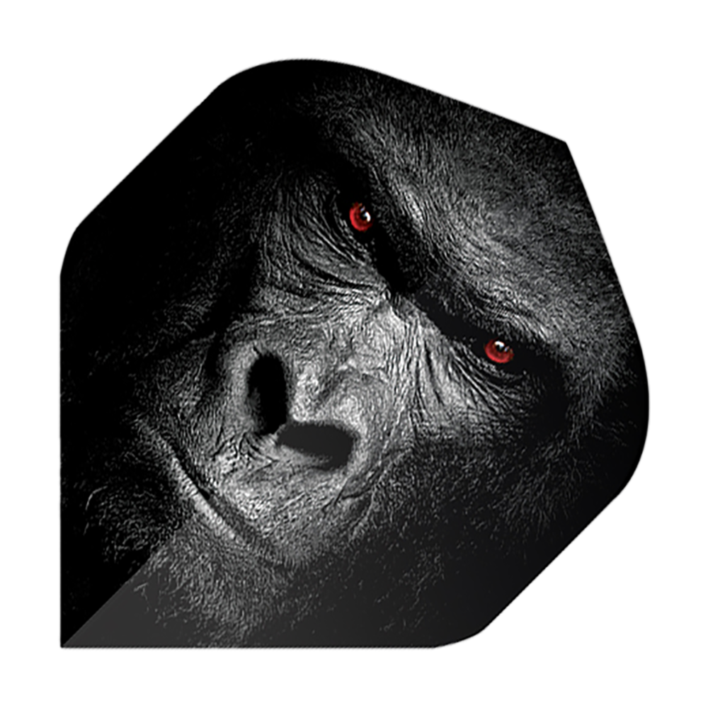 Pentathlon Flights Gorilla Das Bild zeigt ein Dart-Flight mit dem Gesicht eines Gorillas. Die Augen des Gorillas leuchten rot und der Hintergrund ist dunkel gehalten.