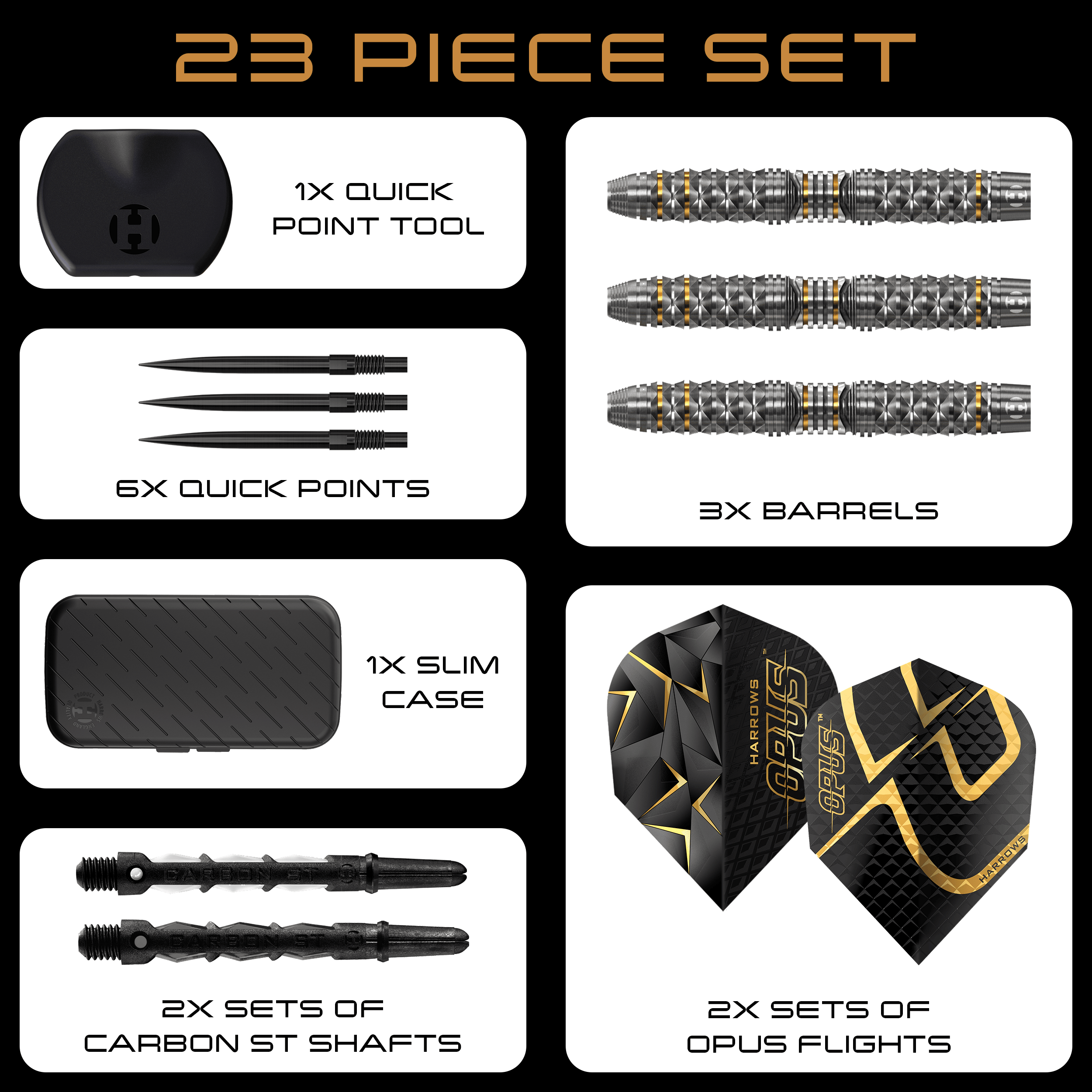 Stalowe lotki Harrow's Opus Quick Point Auf dem Bild sind die Harrows Opus Quick Point Steeldarts mit 23g zu sehen. Diese Darts eignen sich für das Steeldartspiel.
