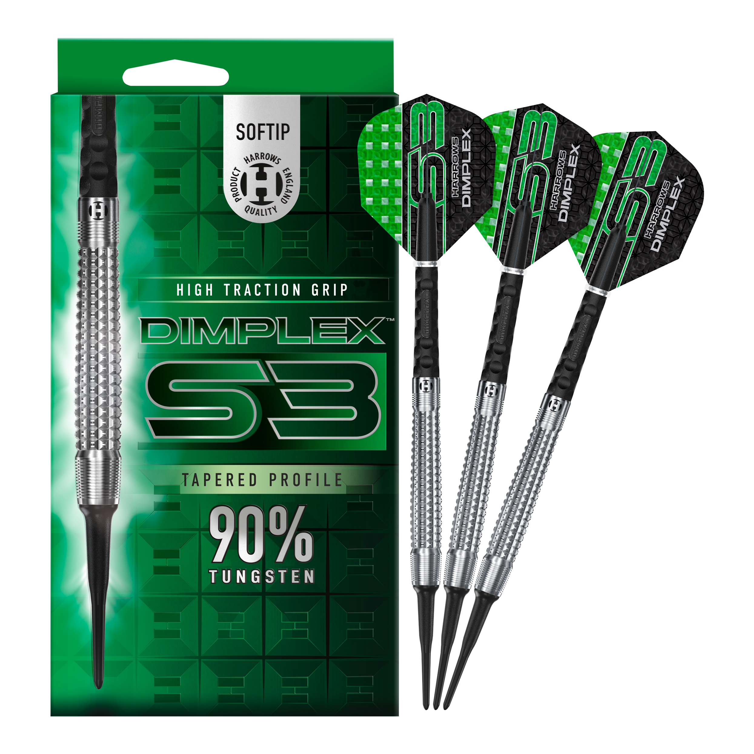 Harrows Dimplex S3 Tapered Soft Darts Das Bild zeigt eine Packung und drei Softdarts der Marke "Harrows Dimplex S3 Tapered". Die Darts bestehen zu 90 % aus Tungsten und haben eine hohe Grifftraktion.