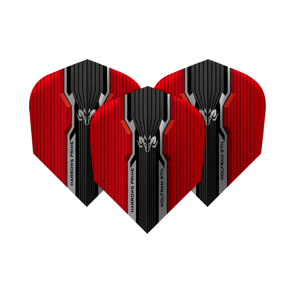 HR7514_Harrows_Prime_Wolfram_Infinity_No2_Standard_Flights_1dAI8INK1UQevs Das Bild zeigt drei Harrows Prime Wolfram Infinity No2 Standard Flights. Sie sind rot und schwarz mit einem modernen, kantigen Design.