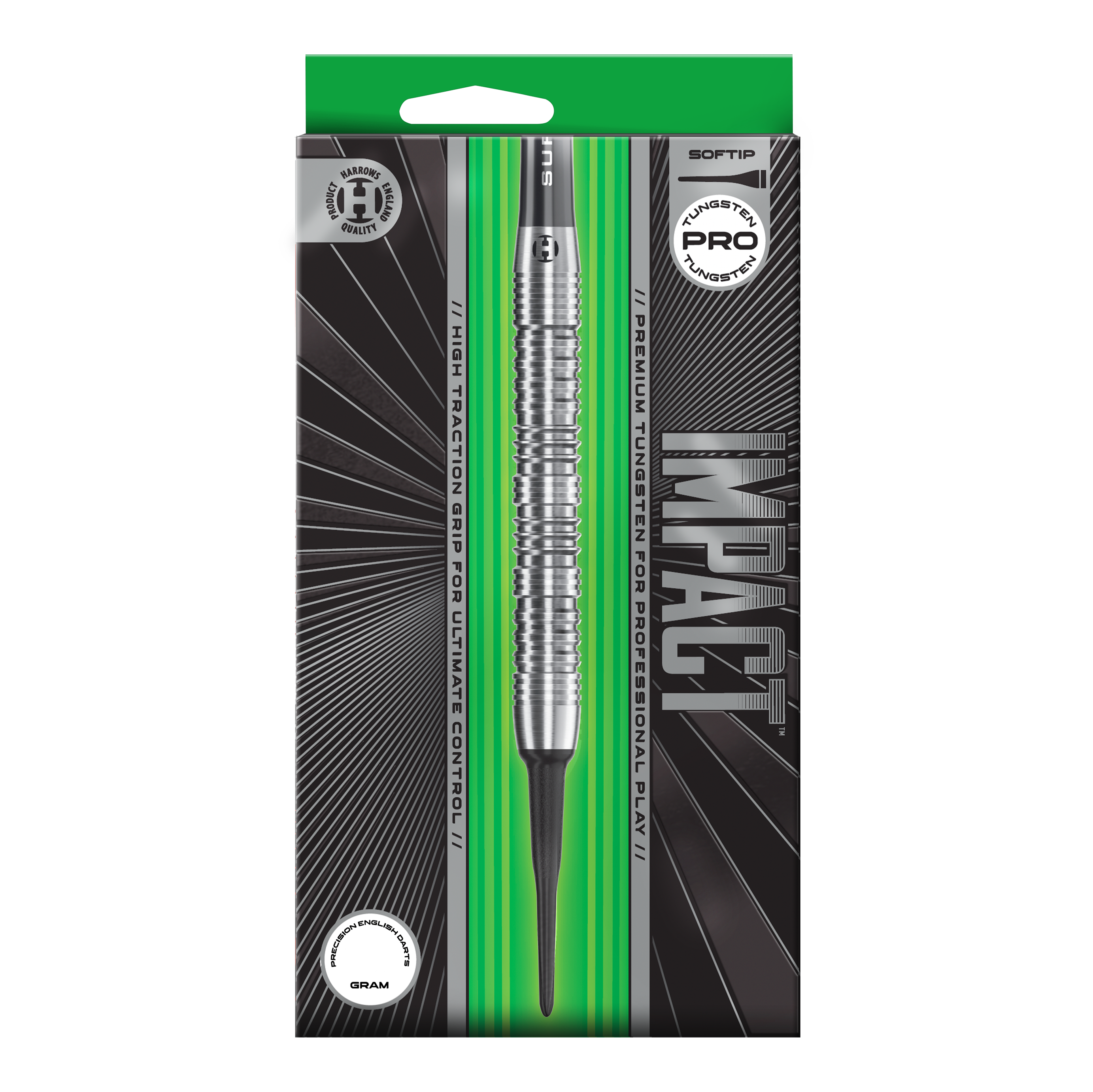 Hier sind die Harrows Impact Softdarts dargestellt. Man sieht Details des Produktes aus einer weiteren Ansicht.