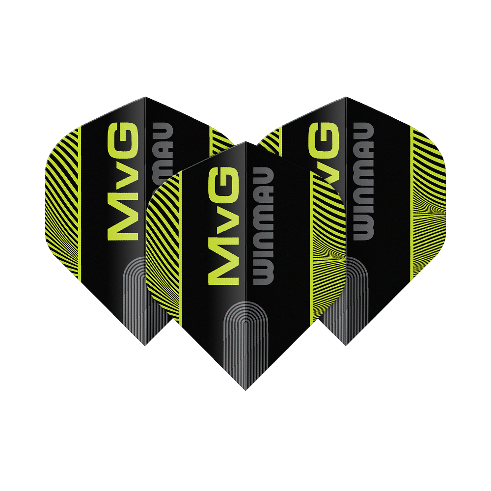 Winmau Prism Delta MvG Czarno-zielony tekst nr 2 Standardowe loty Das Bild zeigt die Winmau Prism Delta MvG Black Green Text No2 Standard Flights. Es handelt sich um Dart-Flights in Schwarz und Grün mit Text-Design.