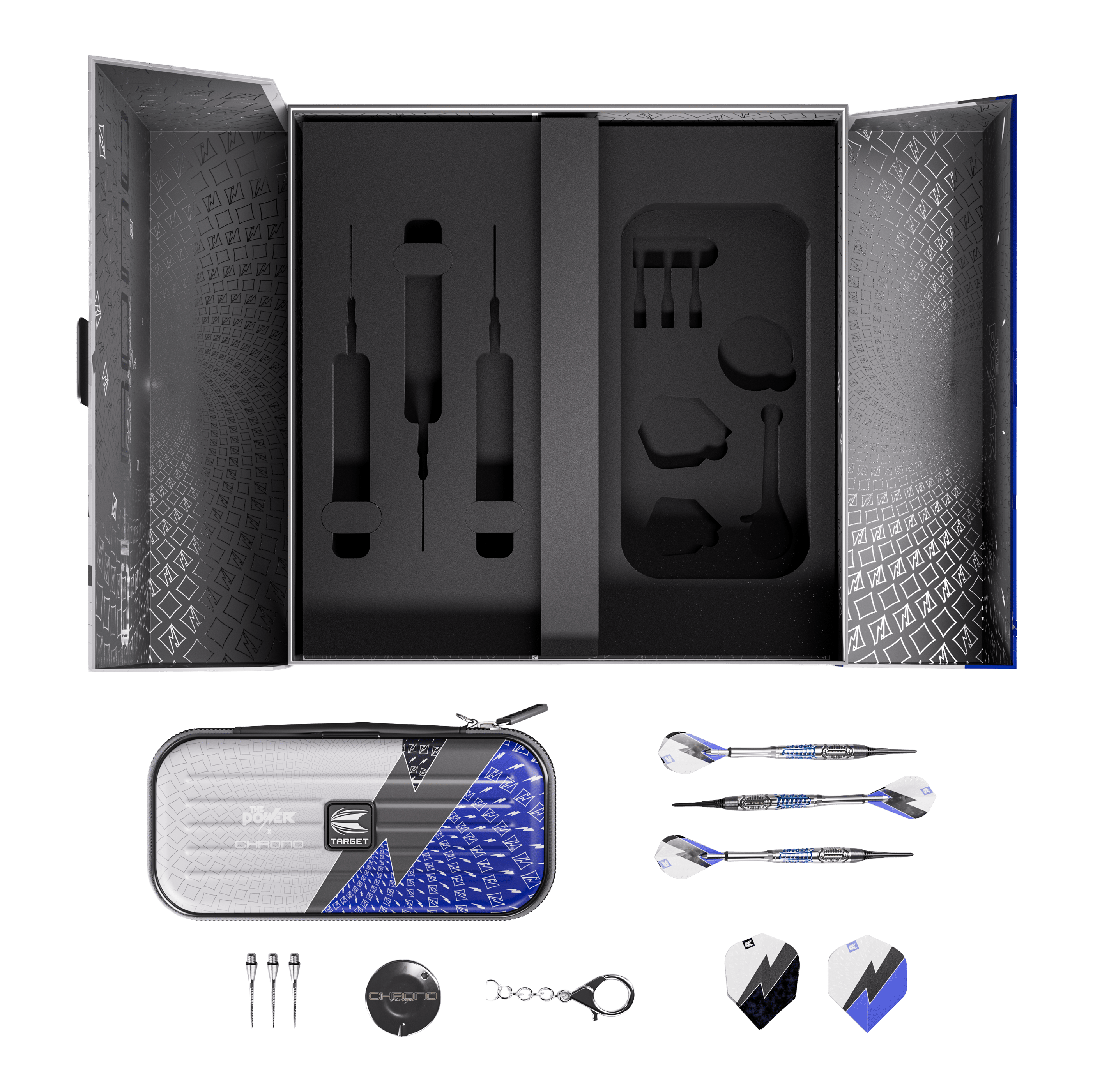 Zu sehen sind die Target Phil Taylor Power X Chrono Softdarts. Das Bild zeigt drei Darts nebeneinander.