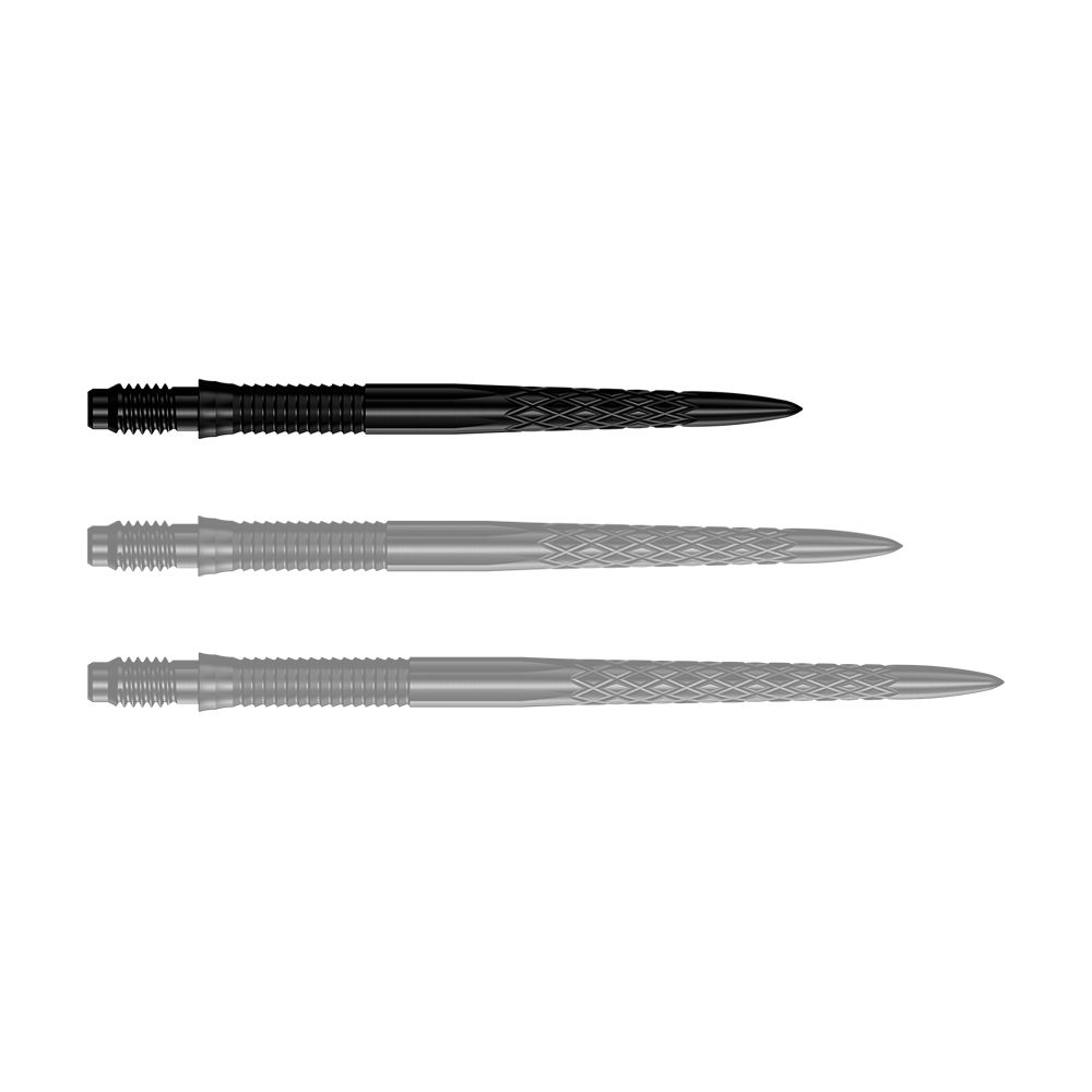 Końcówki do lotek Mission R2.5 Rapid Point DSX – czarne Das Bild zeigt eine Reihe von schwarzen Dartspitzen mit der Bezeichnung 30mm. Die Spitze ist für den Einsatz in Darts geeignet.