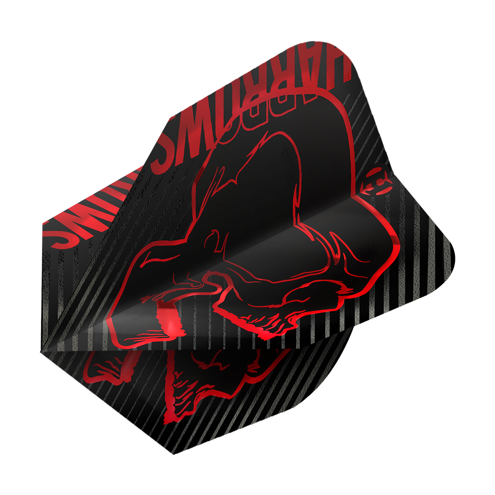 Loty Harrows Rage Red nr 6 Das Bild zeigt das Produkt "Harrows Rage Red No6 Flights". Die Flights sind schwarz mit roten Grafiken und Streifen verziert.