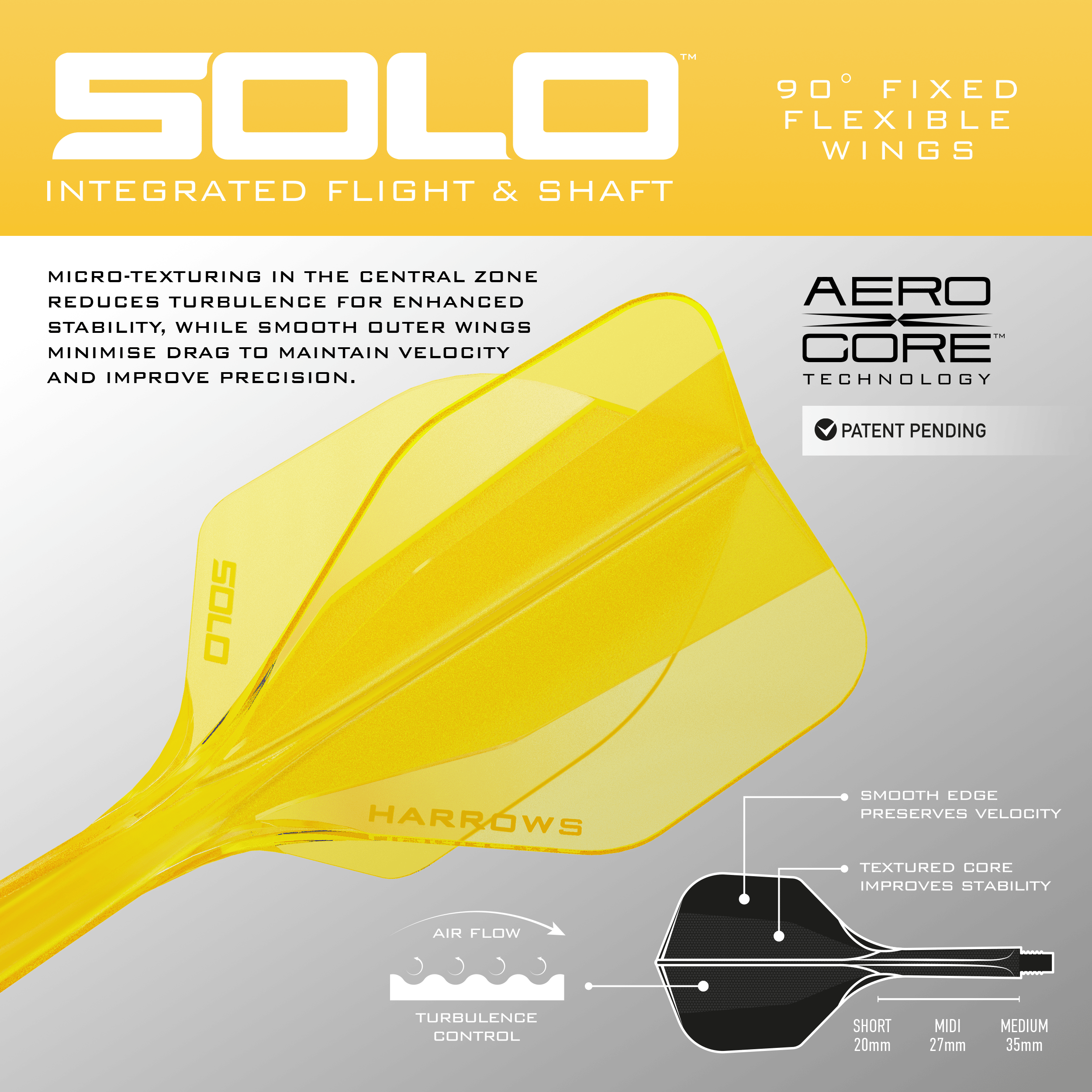 System wału lotniczego Harrows Solo No6 – żółty Abgebildet ist das Harrows Solo No6 Flight-Shaft-System in Gelb. Dieses Produkt wird als Teil für Dartpfeile verwendet.