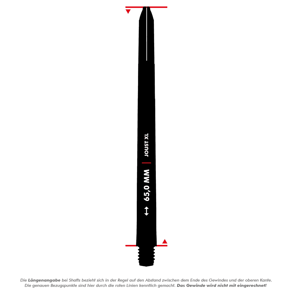C816_Red_Dragon_Joust_XL_Shafts_5_65mm Das Bild zeigt den Red Dragon Joust XL Shaft in Schwarz mit einer Länge von 65 mm. Die Längenangabe bezieht sich auf den Abstand zwischen dem Ende des Gewindes und der oberen Kante, das Gewinde wird nicht mit eingerechnet.