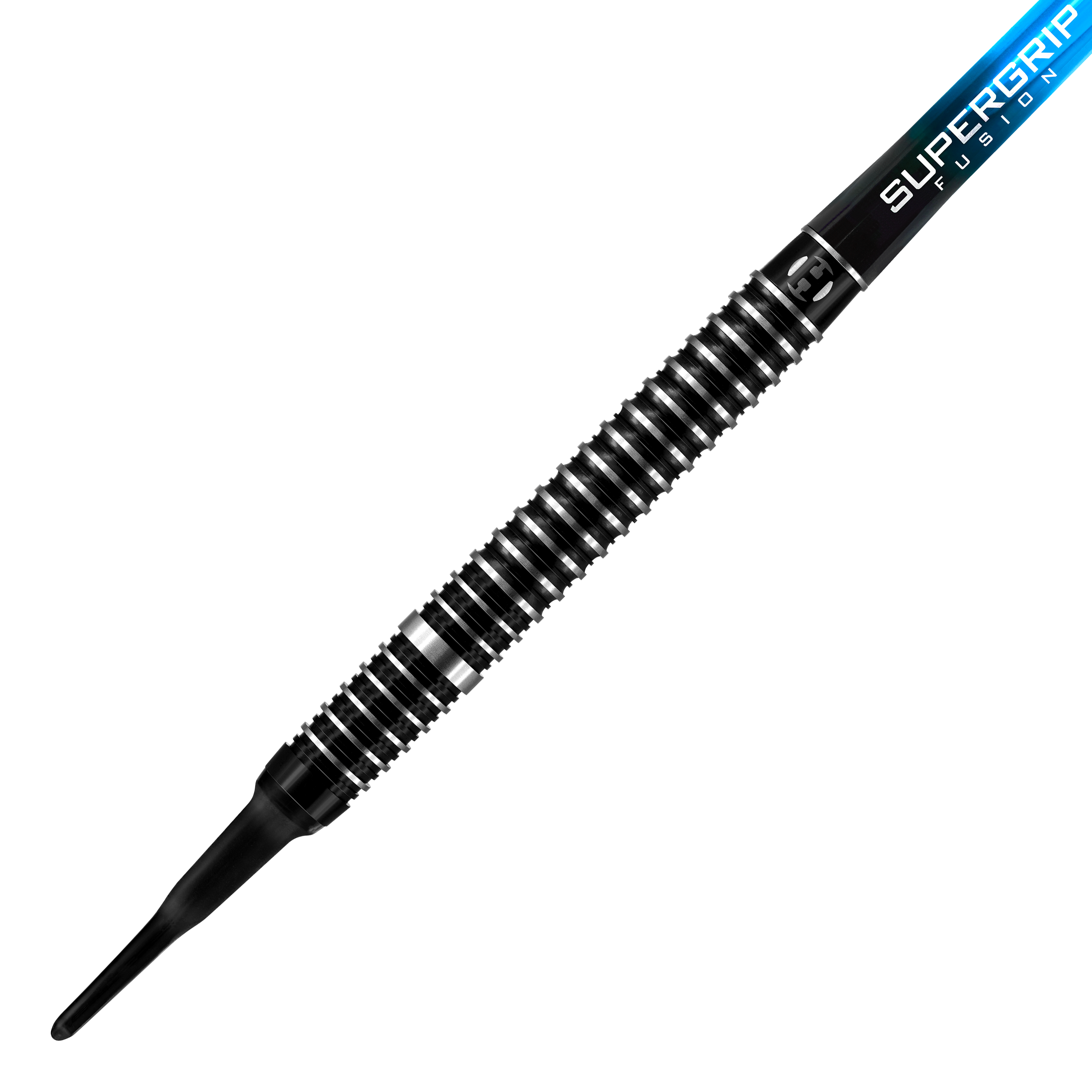 Harrows Siege Softdarts Das Bild zeigt einen Harrows Siege Softdart mit einem schwarz-silbernen, geriffelten Barrel. Oben am Schaft steht "Supergrip Fusion" auf einem blauen Abschnitt.