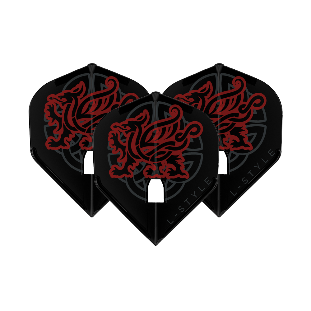L-Style Jim Williams V2 L1PRO Flights Das Bild zeigt drei schwarze Dart-Flights mit einem roten, stilisierten Löwen-Design. Unten auf den Flights steht der Schriftzug "L-Style".