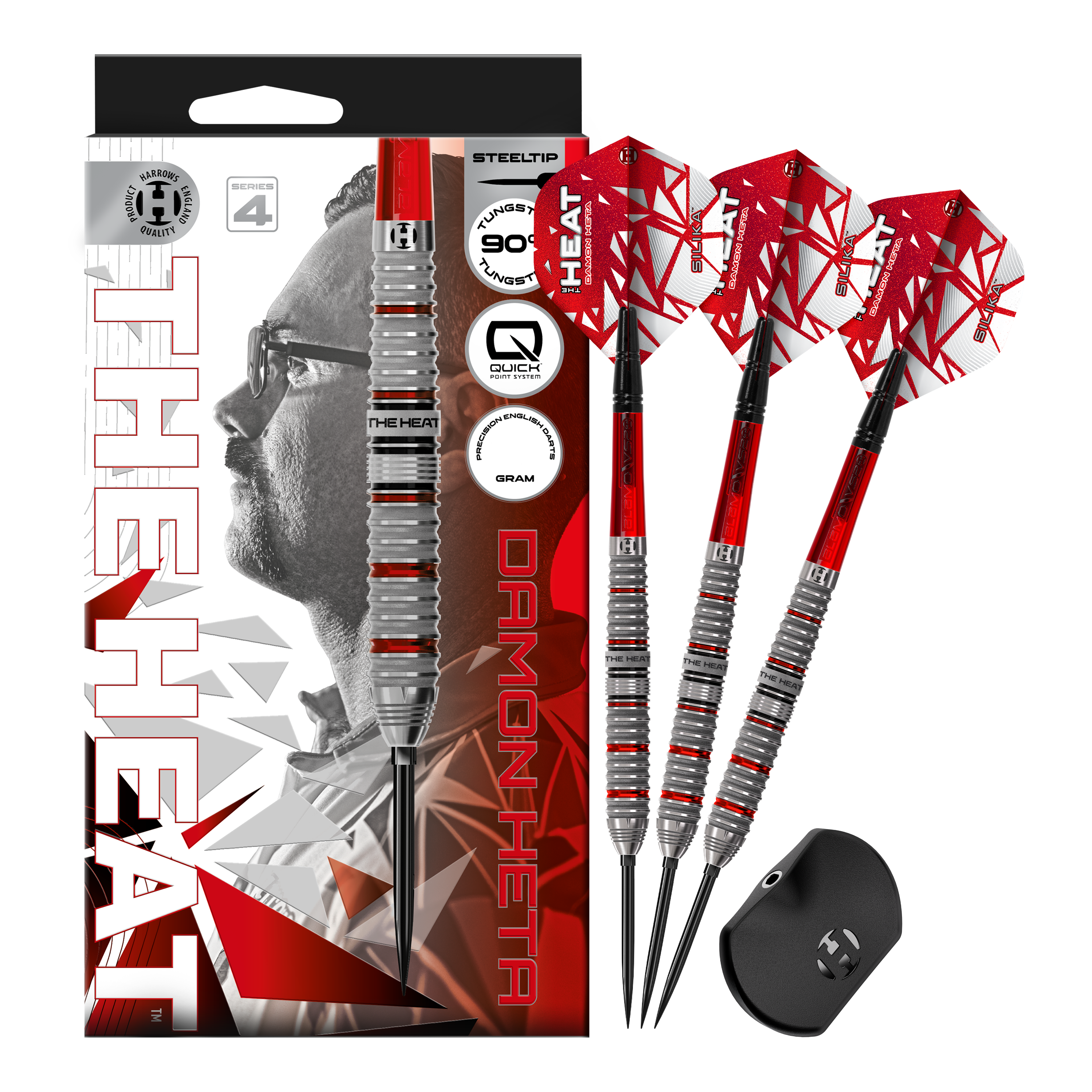 Hier wird das Set Harrows Damon Heta Series 4 Quick Point Steeldarts präsentiert. Das Produkt besticht durch Präzision und robuste Verarbeitung.