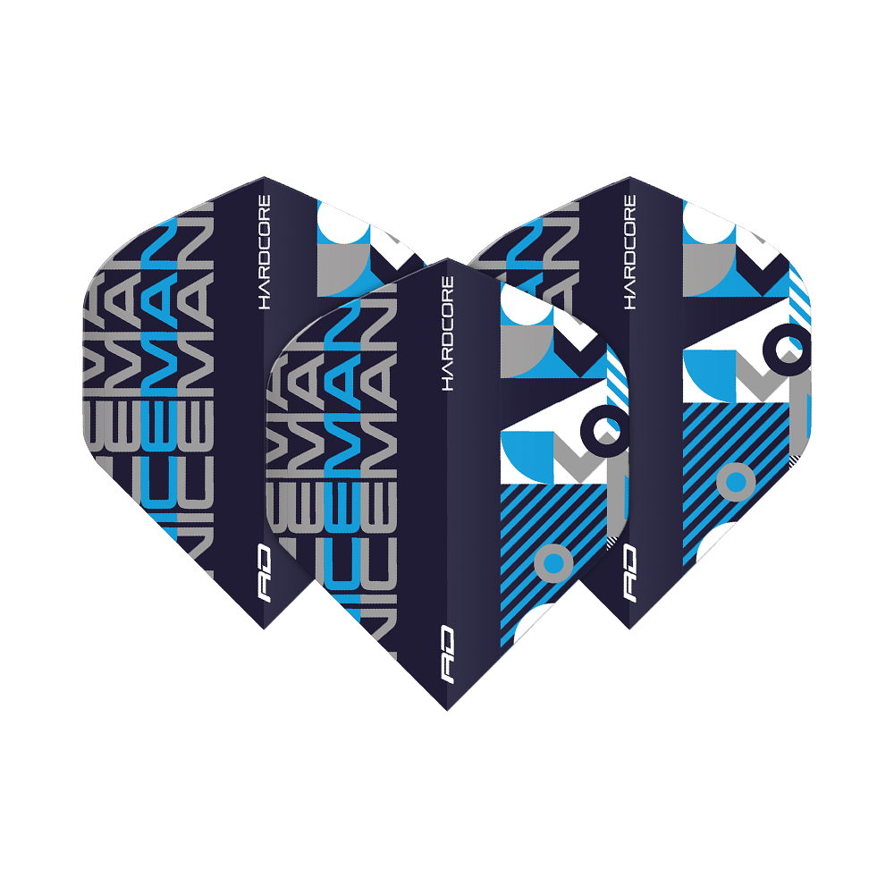 Das Bild zeigt drei Dart-Flights in schwarzer, blauer und grauer Farbe mit dem Aufdruck "ICEMAN" und "HARDCORE". Das Design ist modern und auffällig, passend zur Produktbezeichnung "Red Dragon Hardcore Iceman Black Blue Standard Flights".