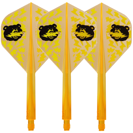 Condor Ax Black Bear Miyu Miyawaki Flight Shaft Neon Orange - Standard Das Bild zeigt vier neonorange Dartflights mit gelbem Blitzmuster und einem schwarzen Bärenkopf darauf. Die Flights sind in Standard-Form gestaltet und tragen den Namen "Condor Axe Black Bear Miyu Miyawaki".