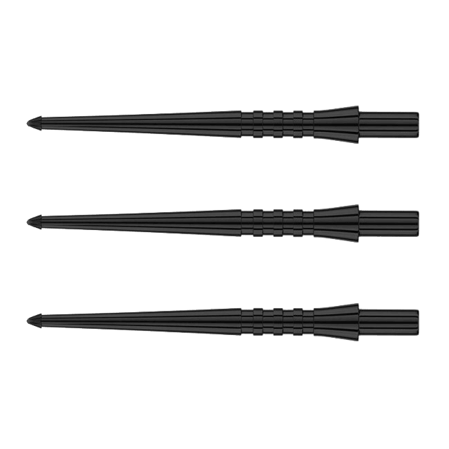 X0489-RedDragon-Raptor-GT-Points-1 Das Bild zeigt drei schwarze Dartspitzen des Produkts "RedDragon Raptor GT Points - 32mm - Spitzen". Die Spitzen sind schmal, lang und haben eine gerillte Struktur im mittleren Bereich.