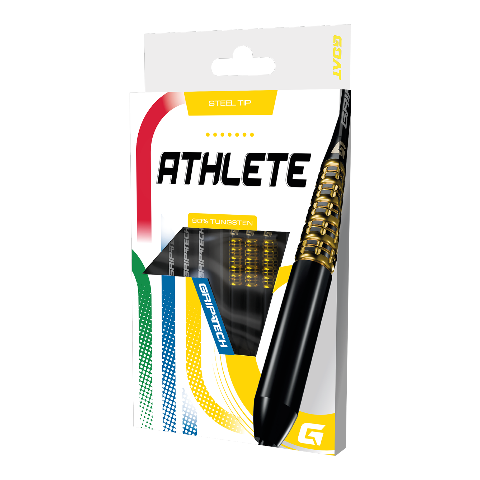 Das Foto zeigt einen gelben Tungsten-Steeldart. Das Produkt wird als 'GD7000770 GOAT Athlete Yellow Tungsten Steeldarts 3' bezeichnet.