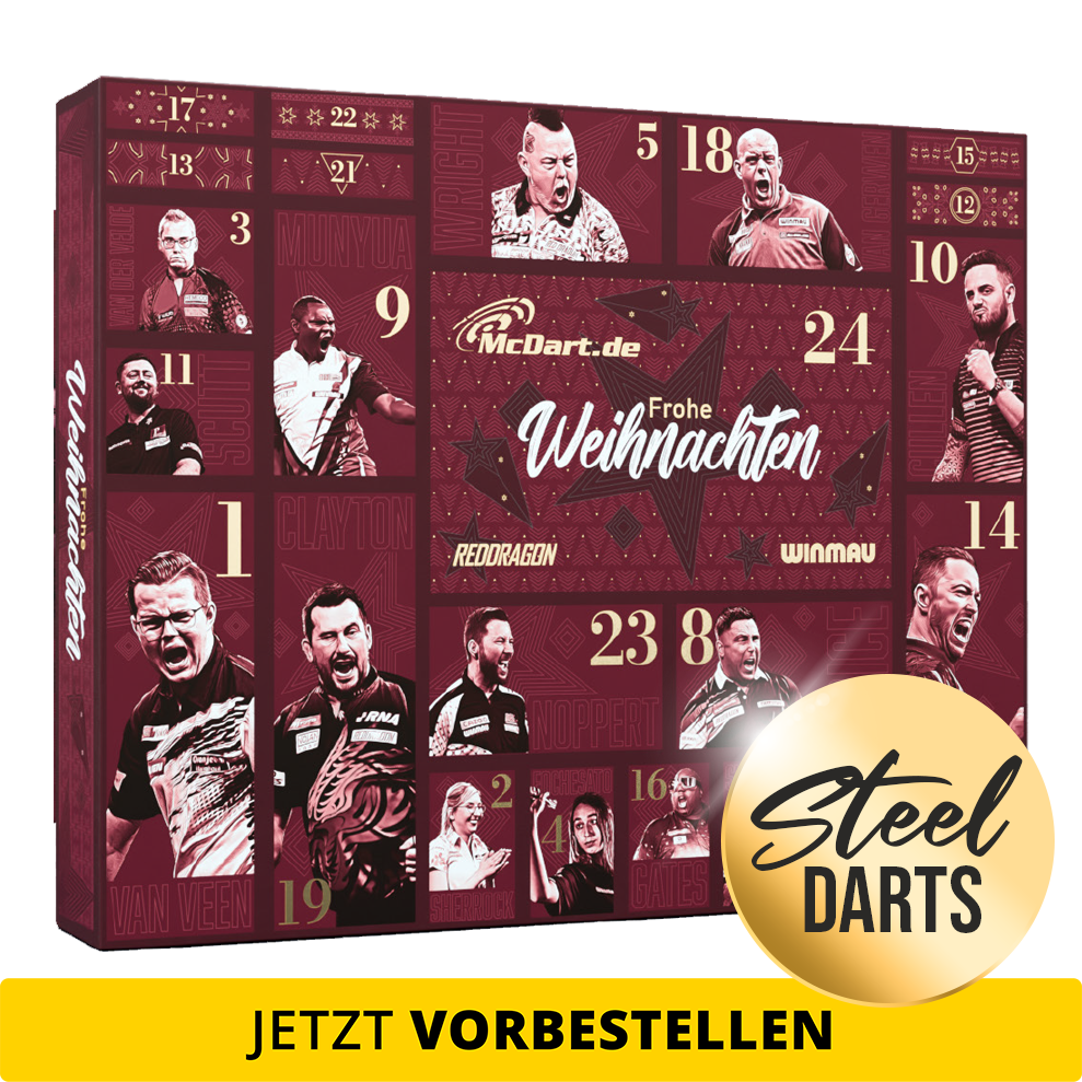 Kalendarz adwentowy McDart Premium 2026 dla graczy w rzutki stalowe Abgebildet ist der McDart Premium Adventskalender 2026 für Steeldart-Spieler. Das Design hebt die exklusive Premium-Edition hervor.