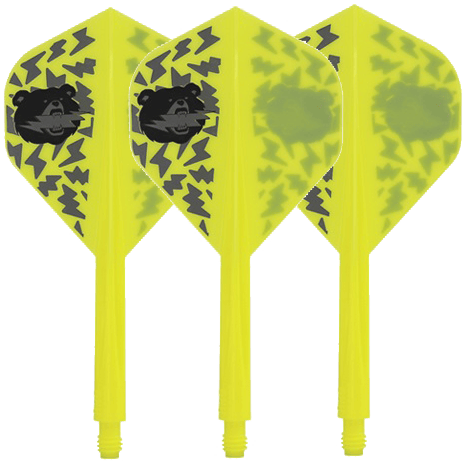 Condor Axe Black Bear Miyu Miyawaki Flight-Shaft Yellow - Standard Das Bild zeigt drei gelbe Dartflights mit schwarzem Bärenmotiv und Blitzmustern. Die Flights gehören zum Produkt „Condor Axe Black Bear Miyu Miyawaki Flight-Shaft Yellow – Standard“.