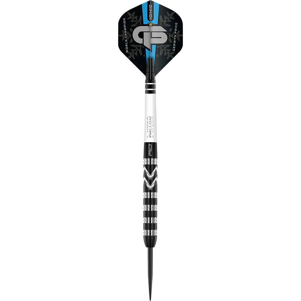 Das Bild zeigt einen speziellen Steeldart mit dem Namen "Red Dragon Gerwyn Price World Champion 2021 Special Edition". Der Dart ist schwarz, weiß und silber mit blauen Akzenten gestaltet.