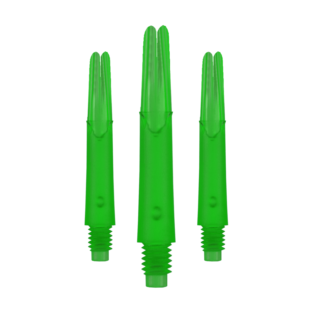 Wałki L-Style z blokadą prostą - zielone L-Style L-Shafts Locked Straight, spezielle Farbe, längeres Set. Das Foto zeigt drei lange Dart-Schäfte aufgereiht.
