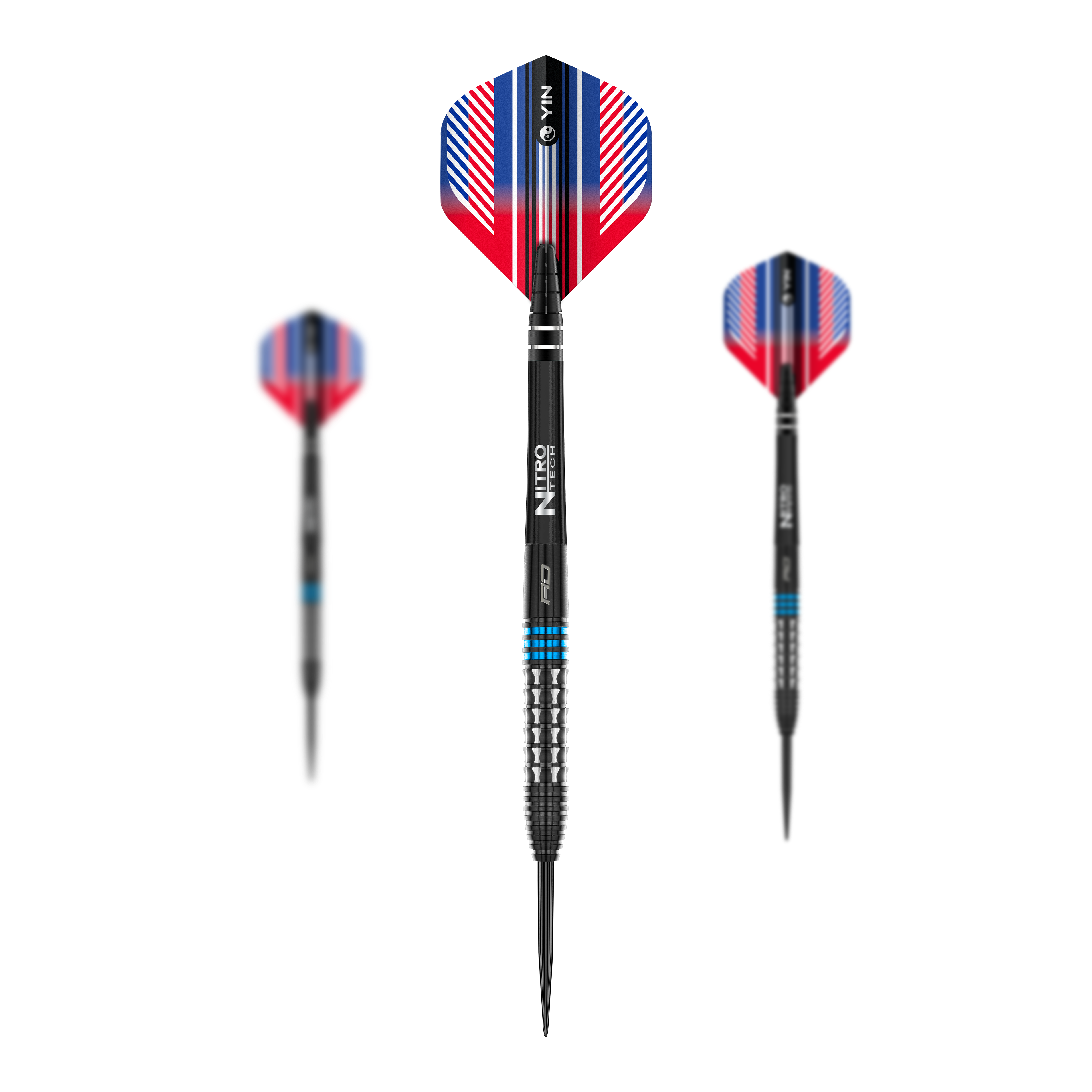 Niebieskie stalowe lotki Red Dragon Vengeance Das Bild zeigt drei Steeldarts des Produkts 'Red Dragon Vengeance Blue'. Die Darts haben schwarze Spitzen, silberne Griffe mit blauen Ringen und auffällige Flights in Rot, Blau und Weiß.