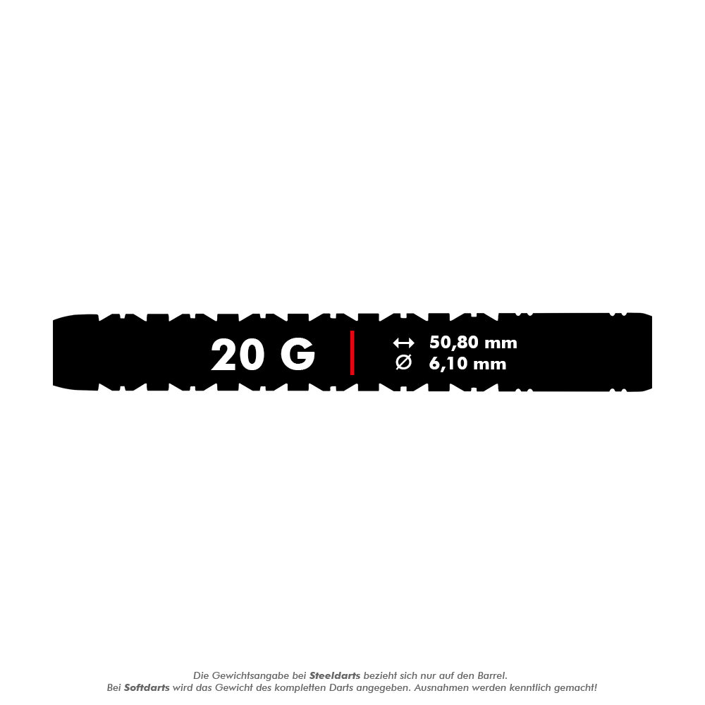 2459_Winmau_Danny_Noppert_Freeze_Edition_Softdarts_5_20g Das Bild zeigt die Maße und das Gewicht des Produkts "Winmau Danny Noppert Freeze Edition Softdarts - 20g". Der Dart wiegt 20 Gramm, ist 50,80 mm lang und hat einen Durchmesser von 6,10 mm.