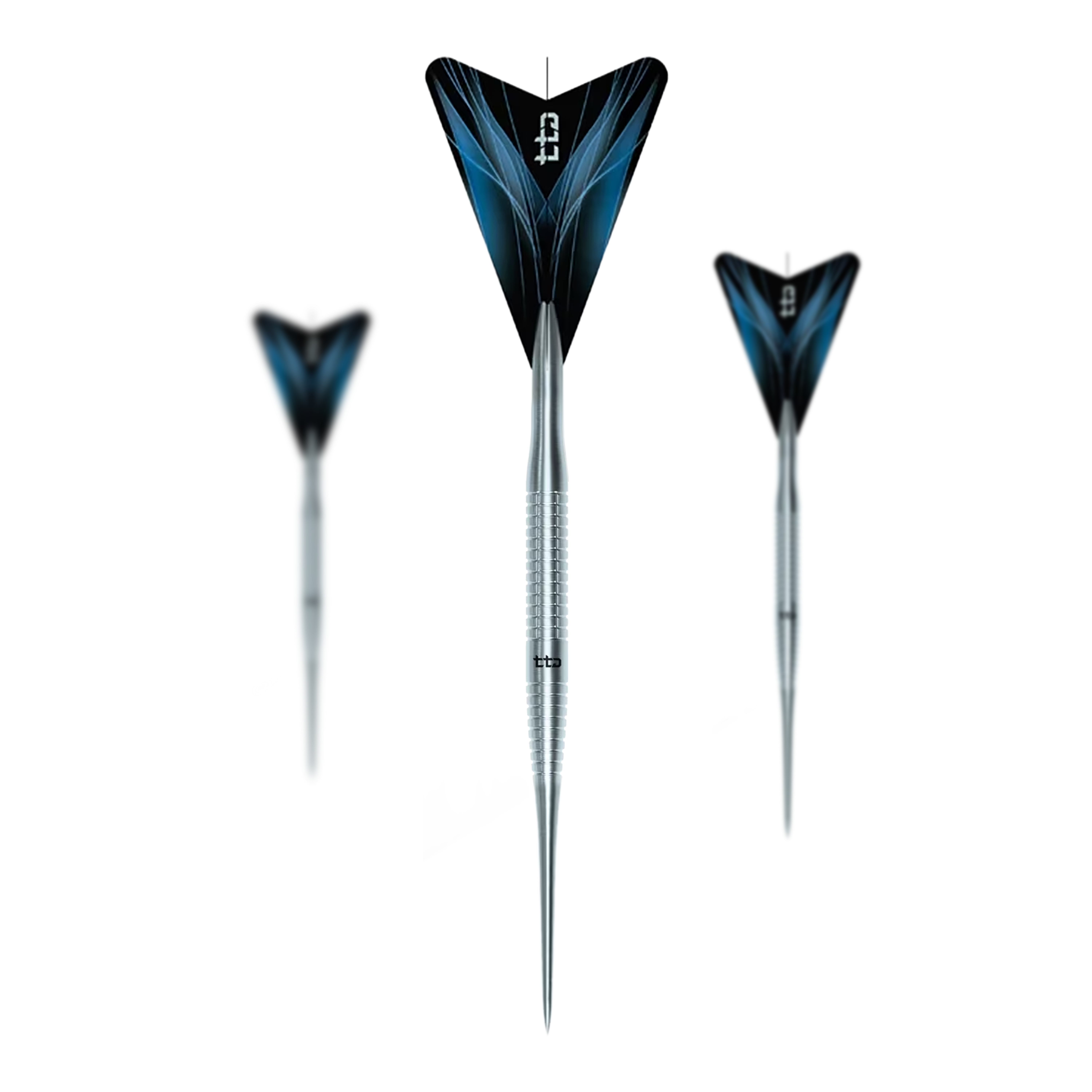 Zu sehen ist das Set Caliburn TTD Complete Titanium T3 Silver Steeldarts - 7g. Es handelt sich um ein silbernes Dartset aus Titan mit einem Gewicht von 7 Gramm pro Dart.