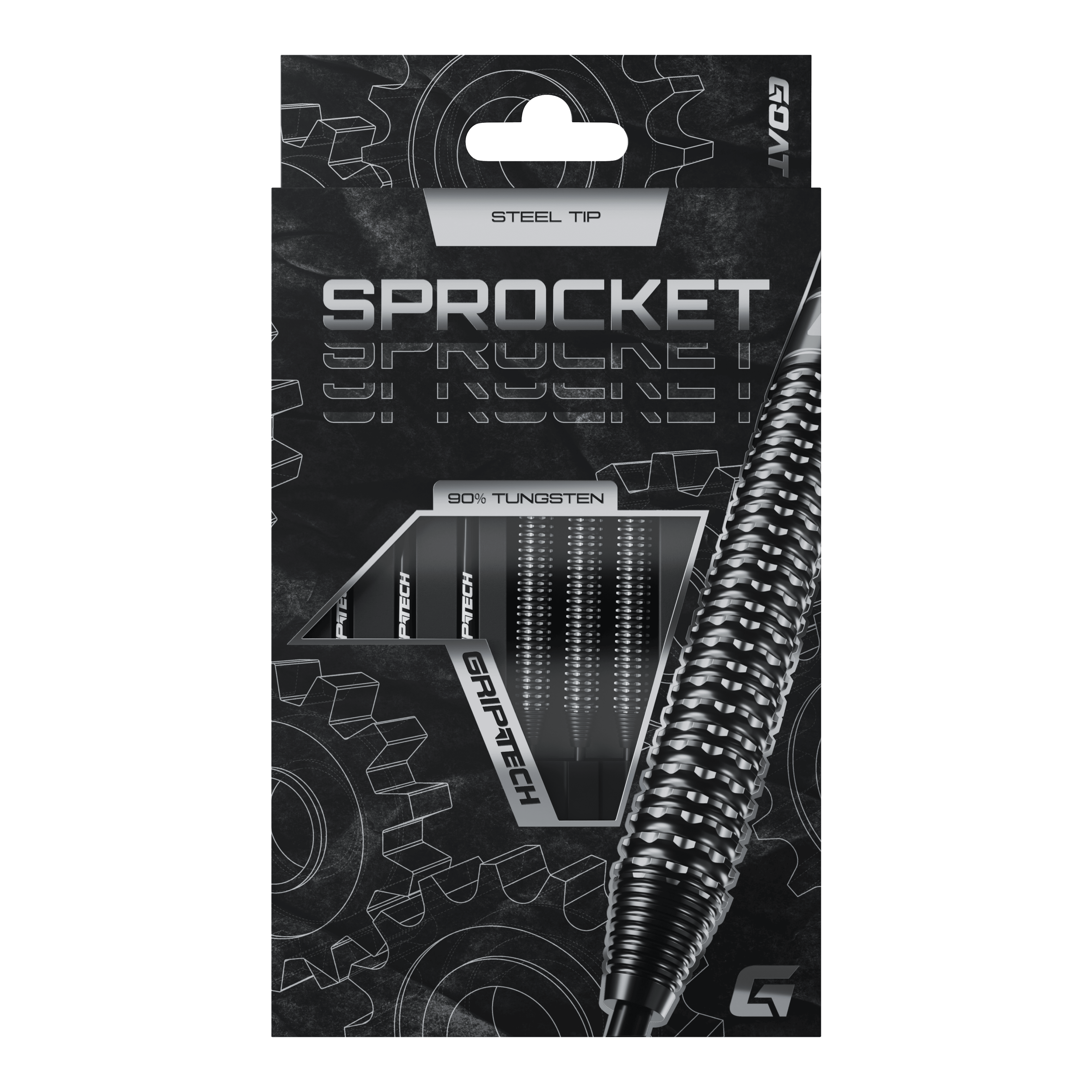 Lotki GOAT Sprocket ze stali wolframowej Die Abbildung zeigt die Verpackung der GOAT Sprocket Tungsten Steeldarts. Auf der Packung sind die Eigenschaften wie "Steel Tip" und "90% Tungsten" deutlich hervorgehoben.