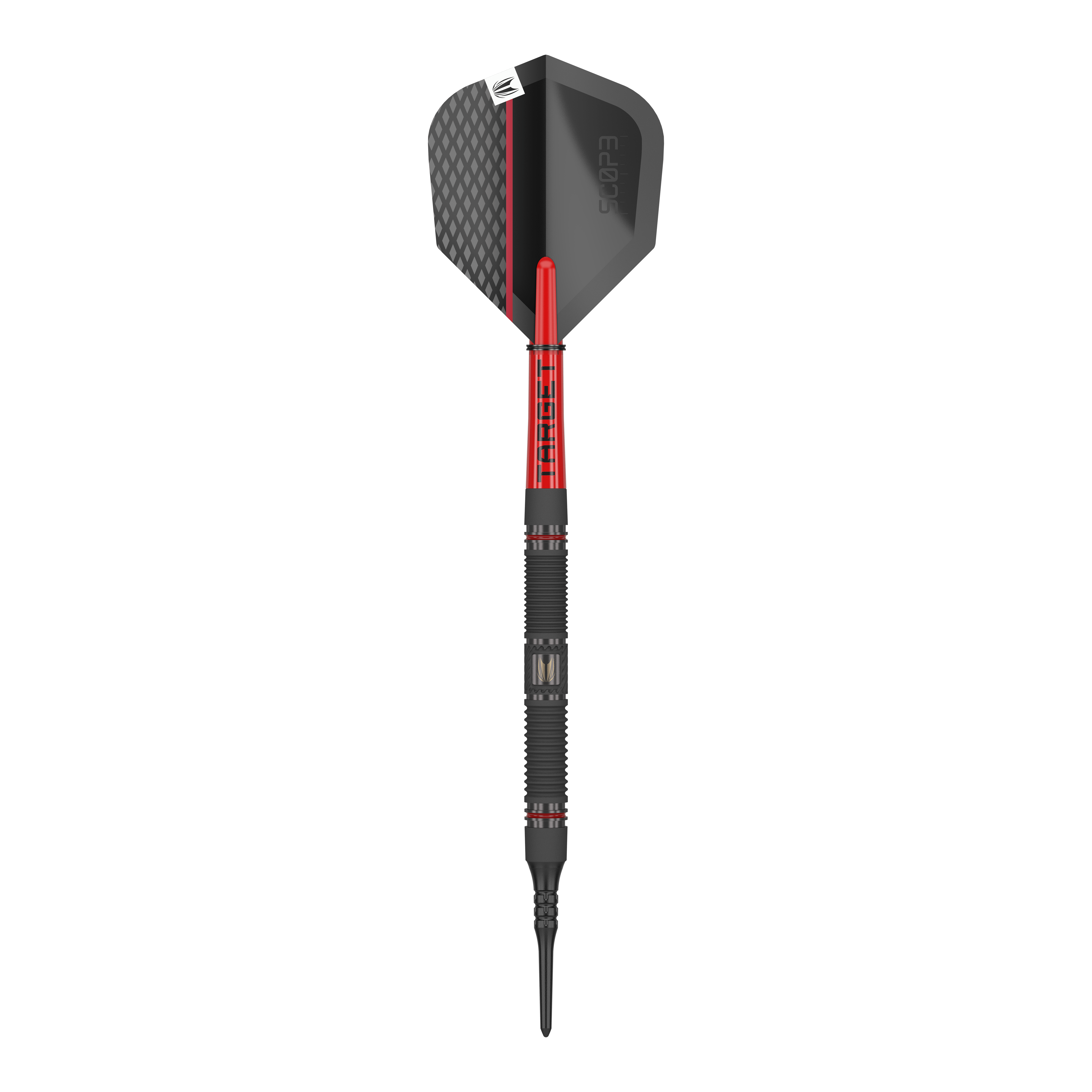 Targetownik 10 miękkich rzutek Das Bild zeigt einen Target Scope 10 Softdart. Der Dartpfeil hat ein schwarzes und rotes Design mit einer strukturierten Spitze und einer schwarzen Flight.