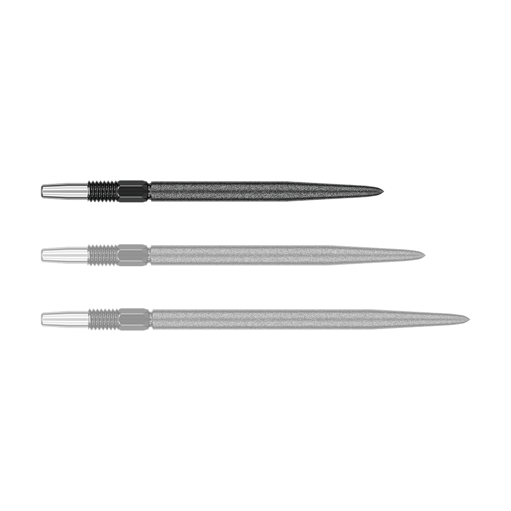 Końcówki do lotek Target Swiss Point SLK – czarne Auf dem Bild sind drei schwarze Dartspitzen mit silberfarbenem Gewinde zu sehen. Sie liegen nebeneinander auf weißem Hintergrund.
