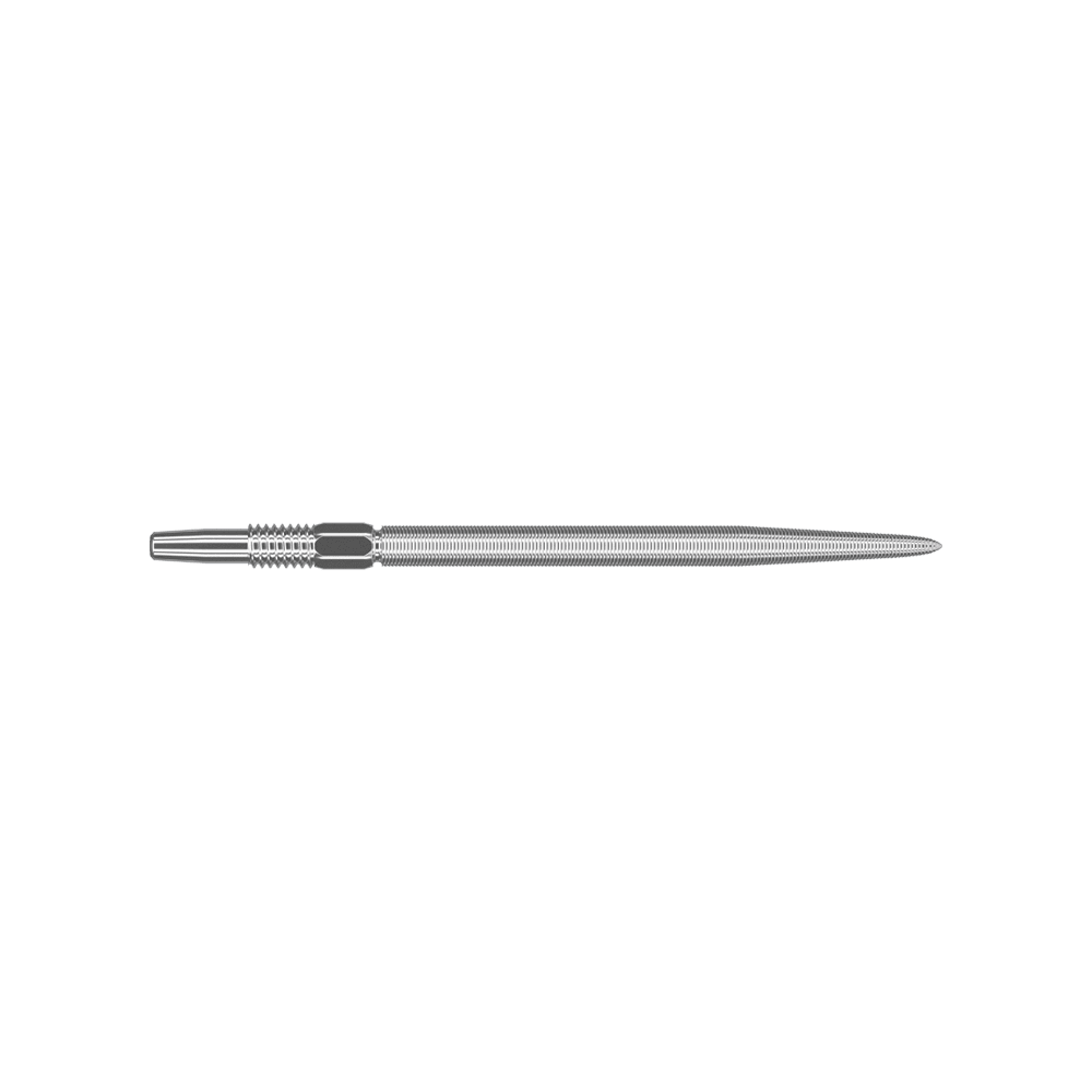 Końcówki Target Swiss Point Nano Dart — srebrne Dies ist eine silberne Dartspitze mit feiner Riffelung. Sie ist lang und schmal geformt und hat eine glatte Spitze.