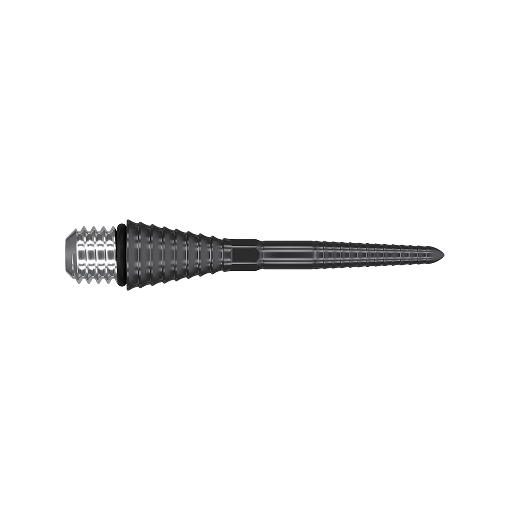 380172_Target_Titanium_Swiss_Point_Grooved_Conversion_Points_Schwarz_26mm_2 Auf dem Bild ist eine schwarze, gerillte Dartspitze aus Metall zu sehen. Sie hat eine konische Form und ein silbernes Schraubgewinde am Ende.