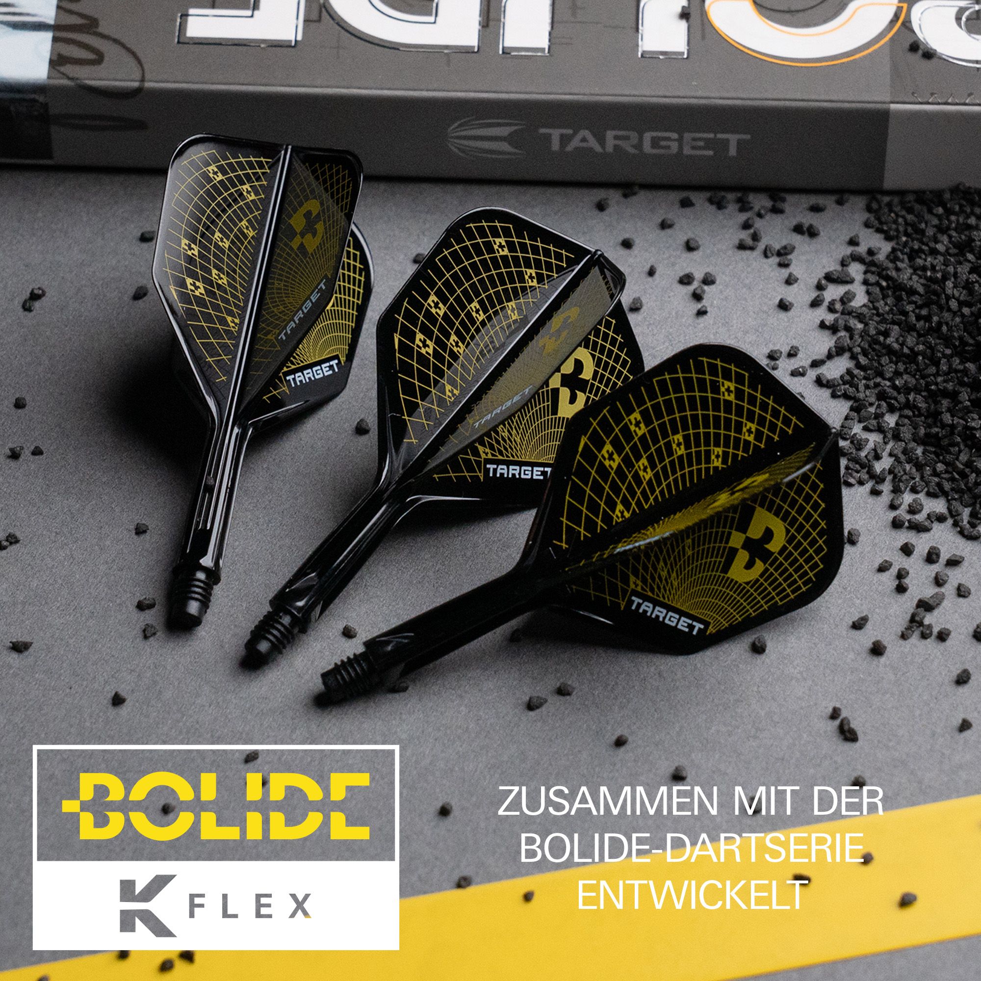 Loty Target K-Flex Bolide No6 Das Bild zeigt die Target K-Flex Bolide No6 Flights. Diese Flights sind für alle Dartspieler geeignet.