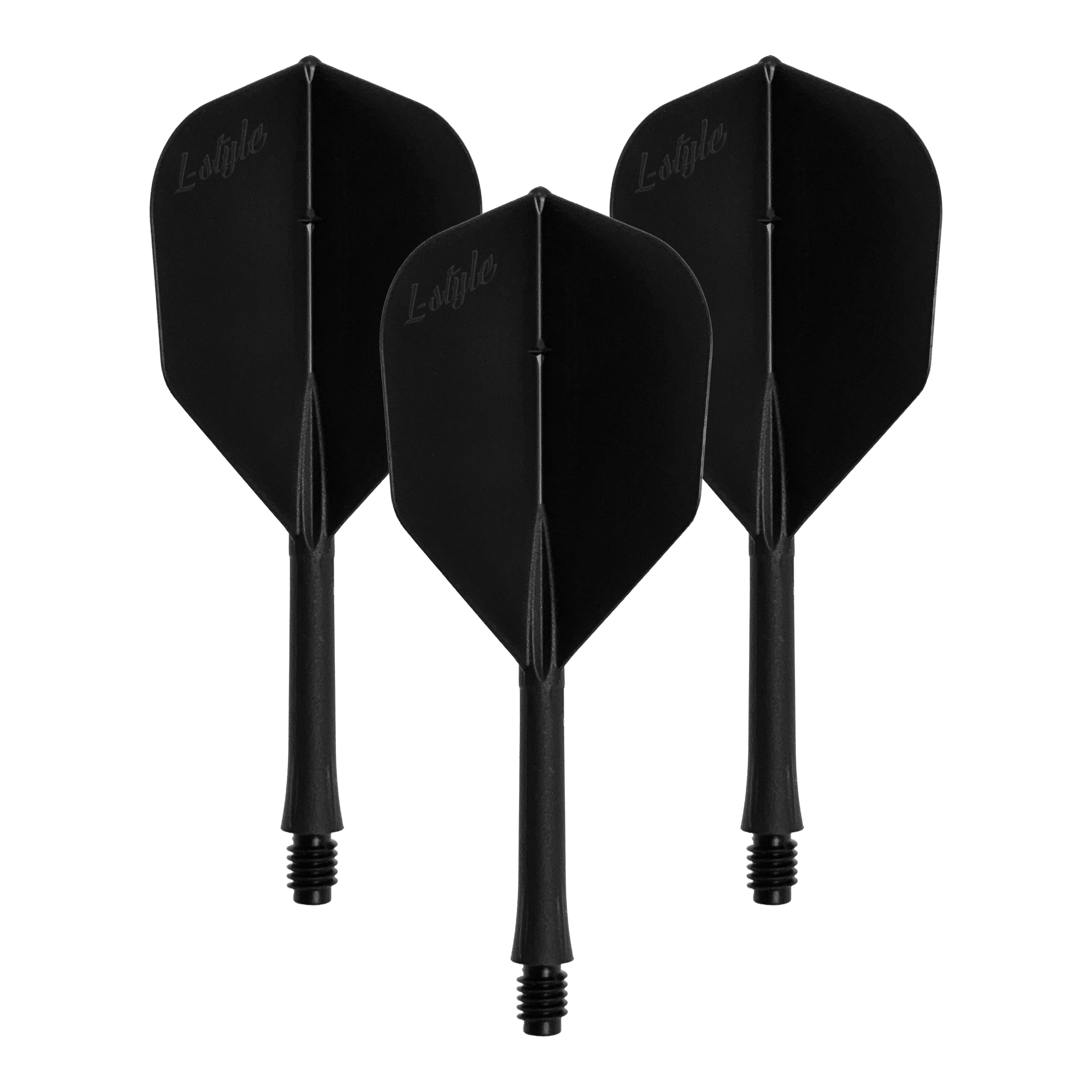 Das Bild zeigt ein Set von schwarzen Dart-Flights. Die Datei heißt LSF-900_L-Style_BarFlight_Schwarz_1Set.