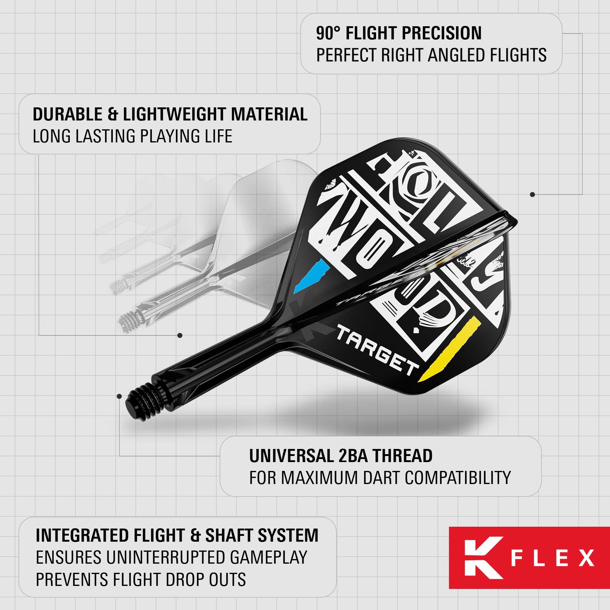 System wałów lotniczych Target K-Flex Chris Dobey No2 Standard Das Bild zeigt das Produkt "Target K-Flex Chris Dobey No2 Standard Flights" für Darts. Es hebt die langlebigen und leichten Materialien, die präzisen 90°-Flüge sowie das integrierte Flight- und Schaftsystem hervor.