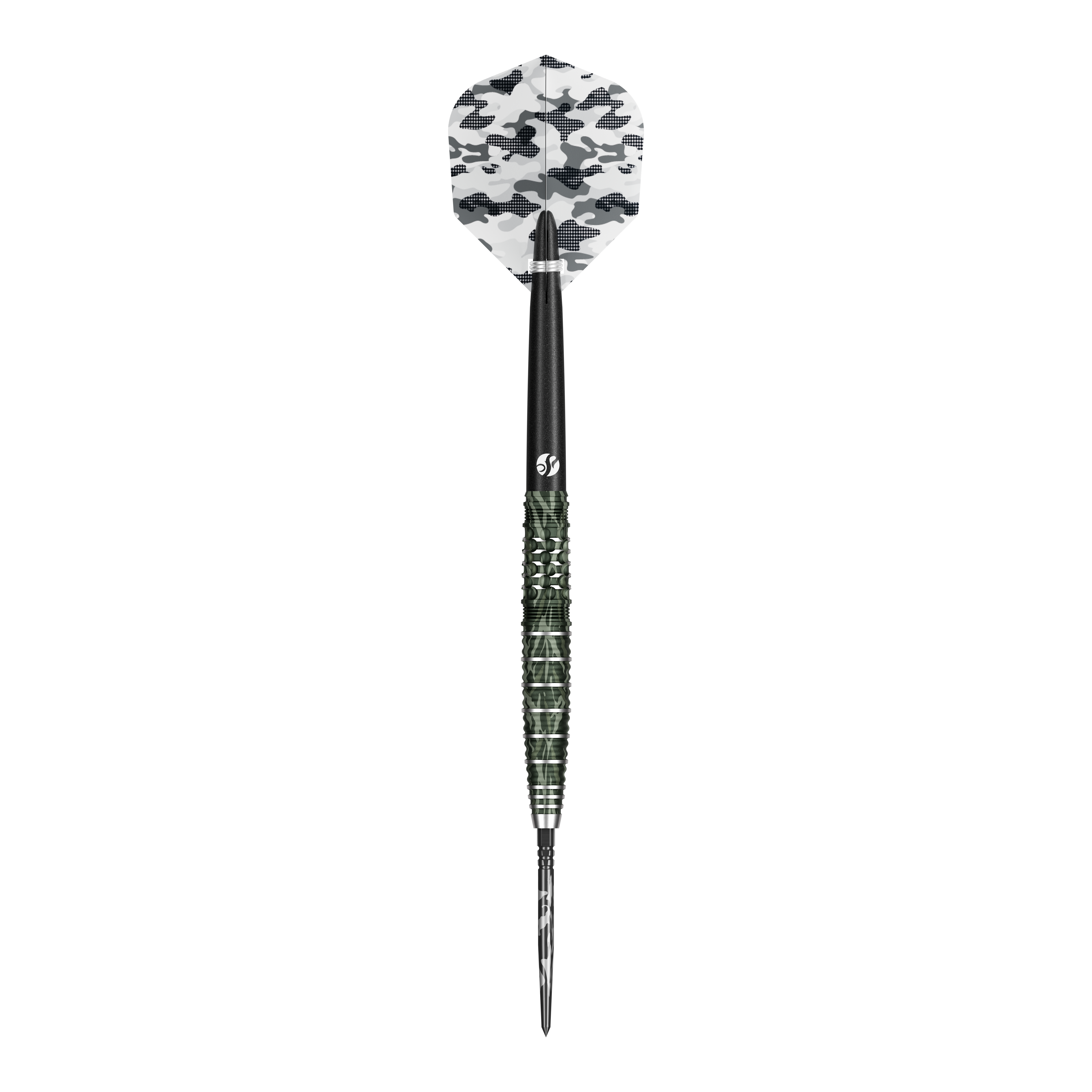 Shot Camo Ghillie Turbo Point Steeldarts 23g sind moderne Dartpfeile mit Tarndesign. Drei Dartpfeile liegen nebeneinander.